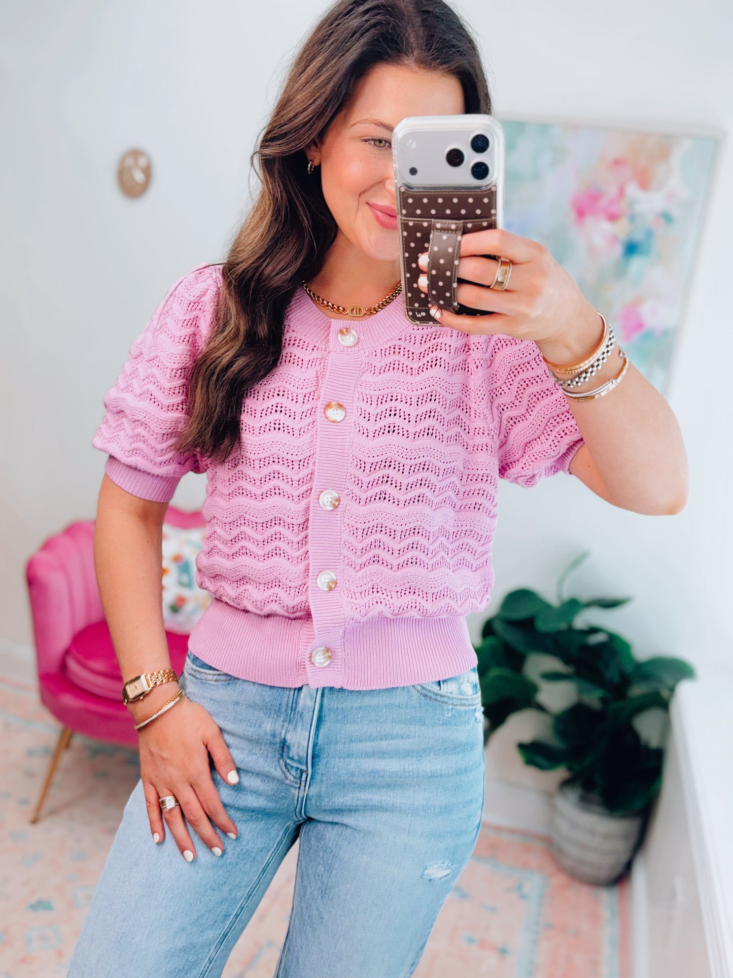 Lilac Pink Crochet Button Top