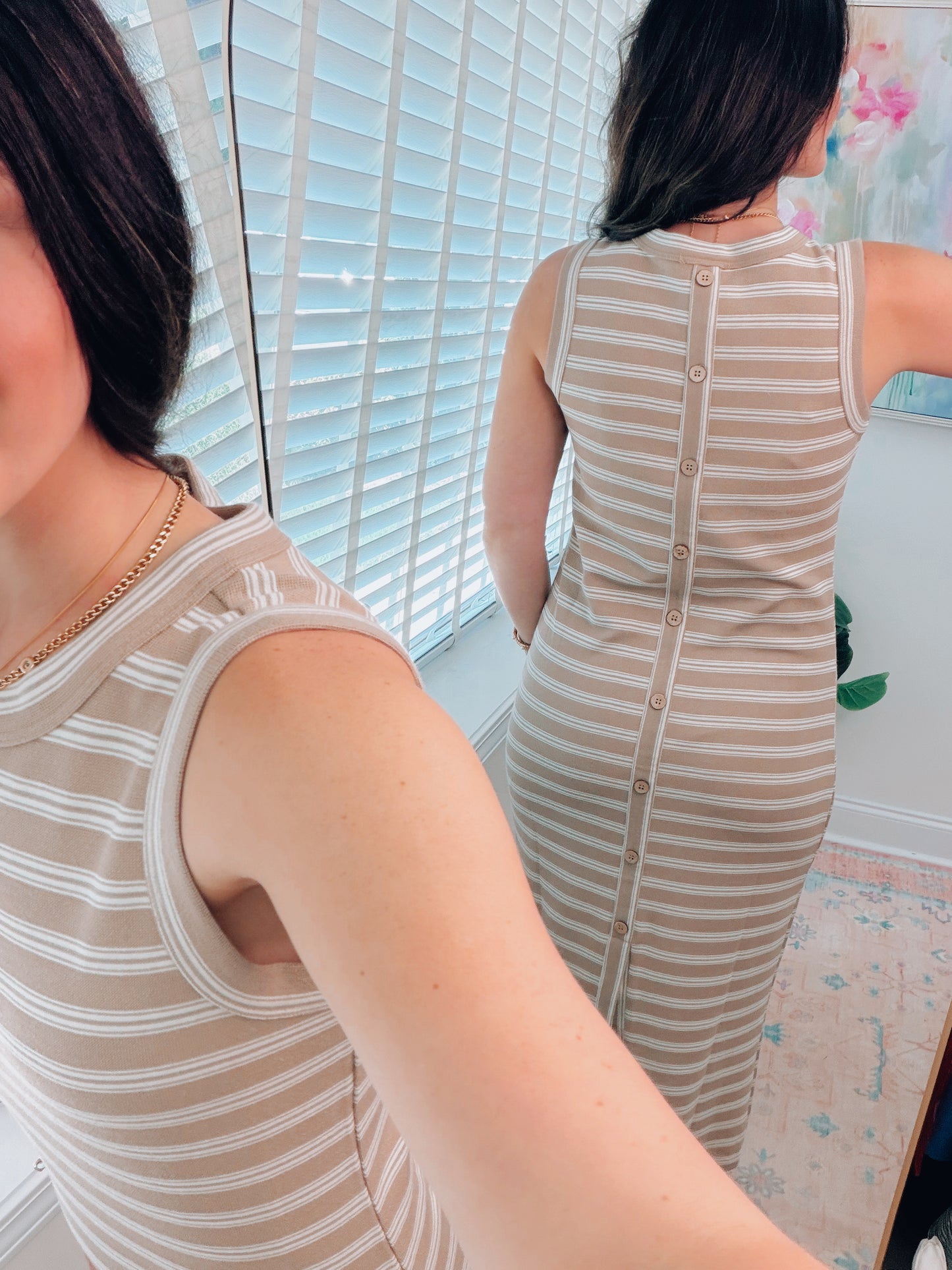 Button Back Striped Midi Dress
