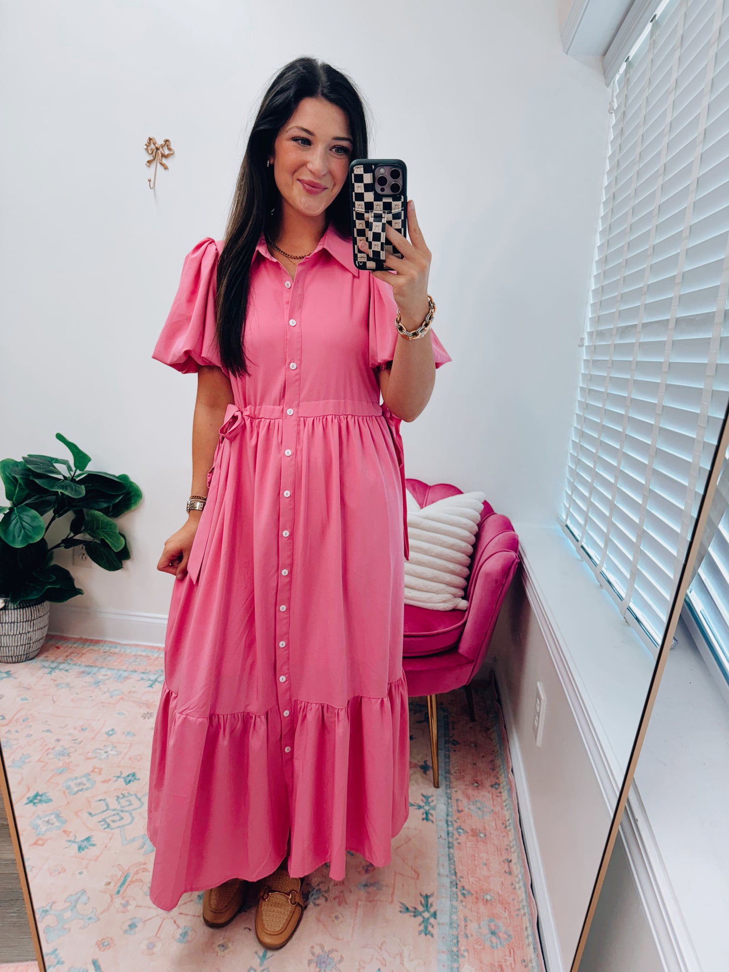 Pink Bubble Sleeve Button Maxi Dress