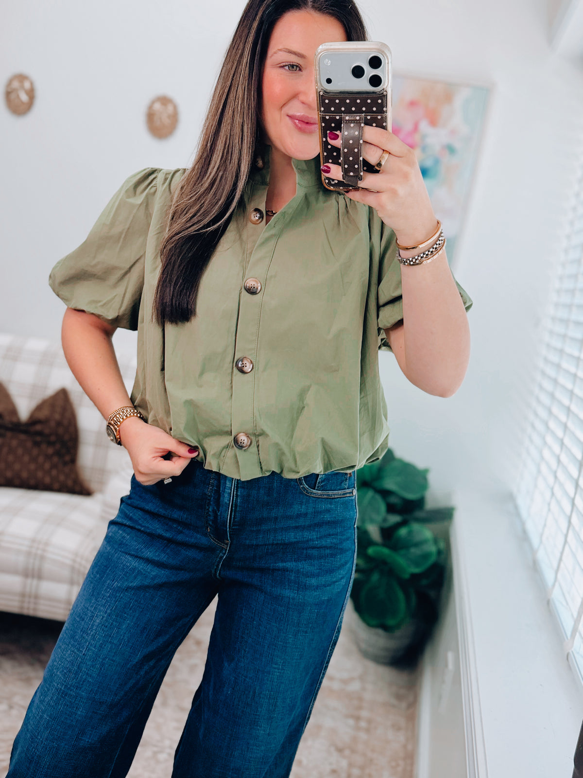 Gracie Button Bubble Hem Top - Olive