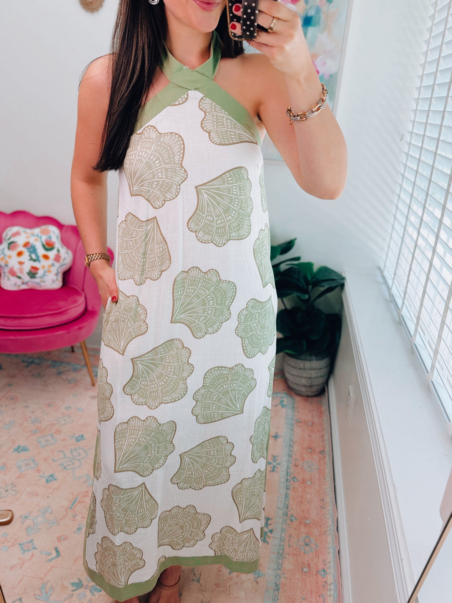 Olive Shell Halter Maxi Dress