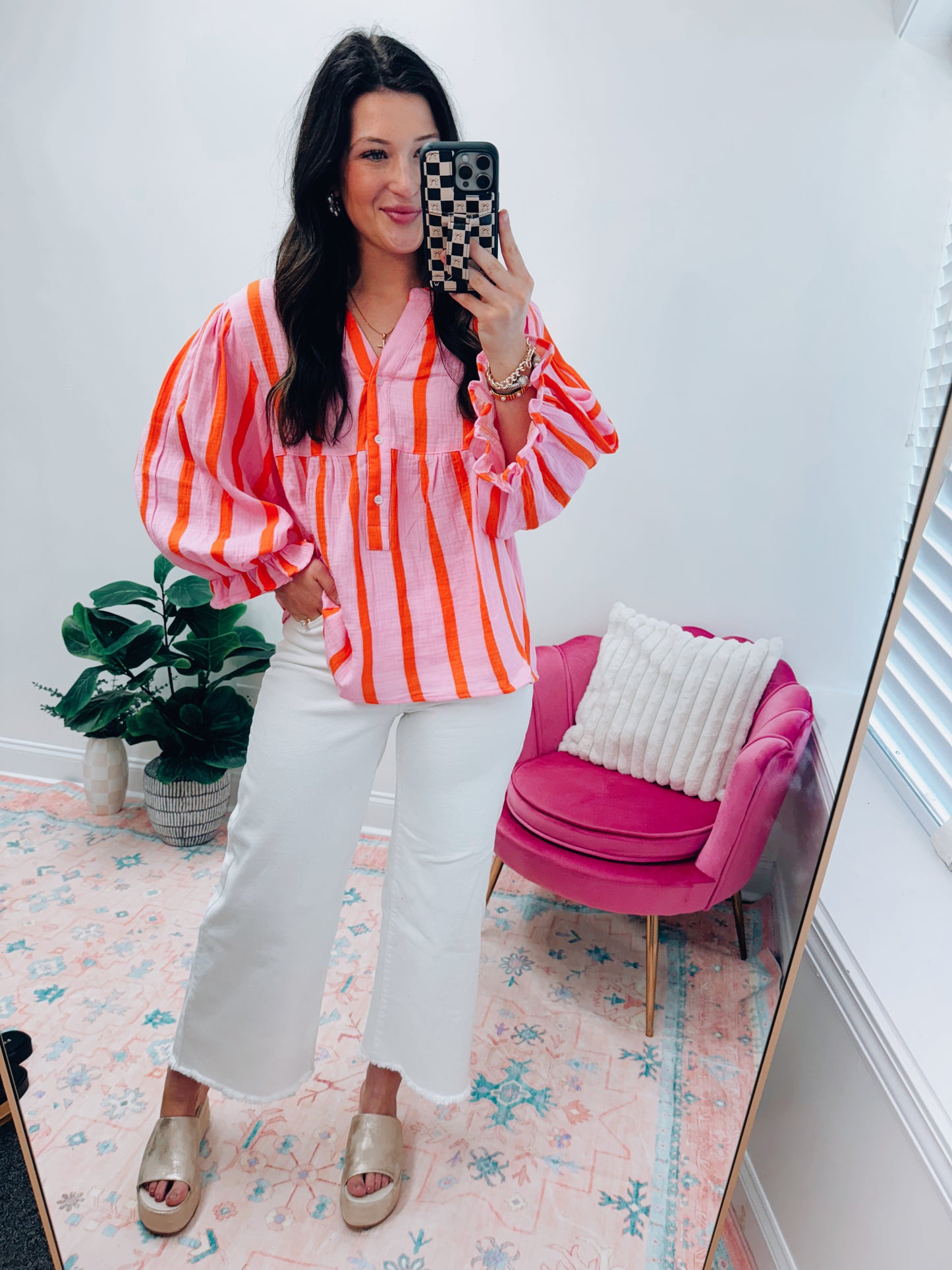 Orange Stripe Crinkled Top
