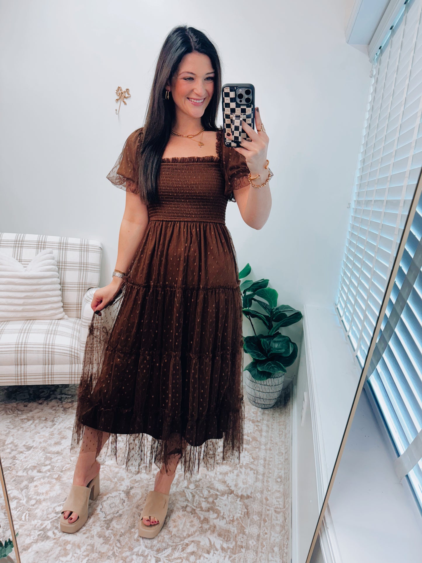 Chestnut Frill Dotted Midi Dress