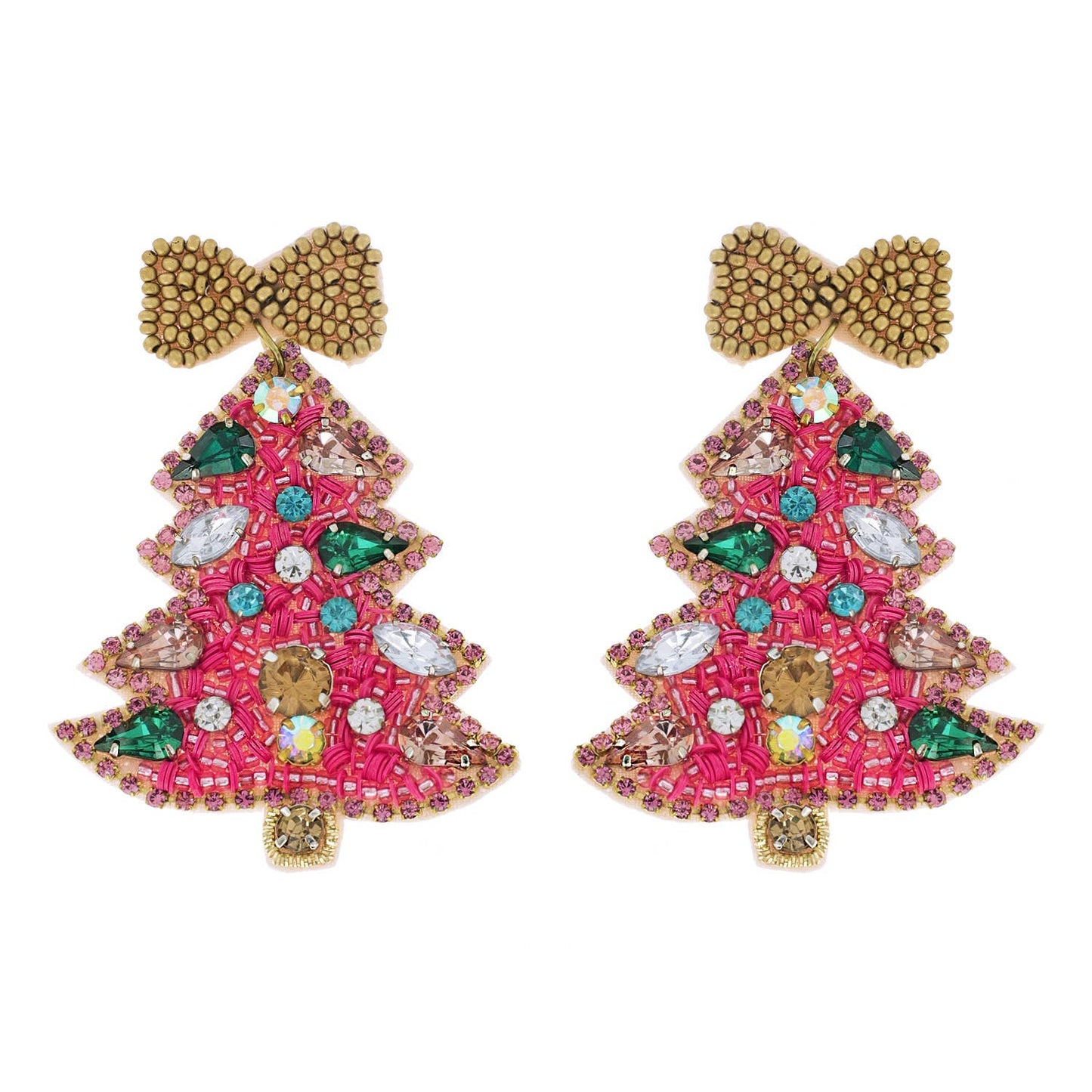 Jeweled Christmas Tree Beaded Embroidery Earrings