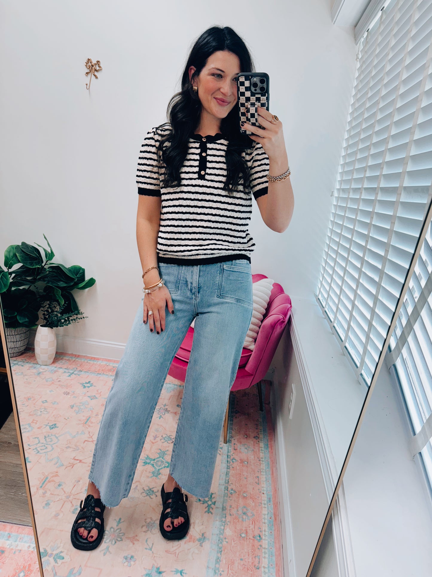 Chloe Striped Knit Gold Button Top