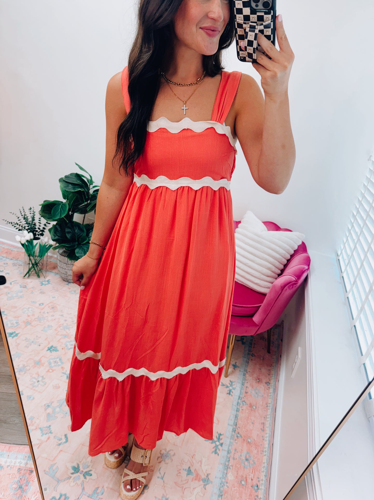 Coral Scallop Trim Midi Dress