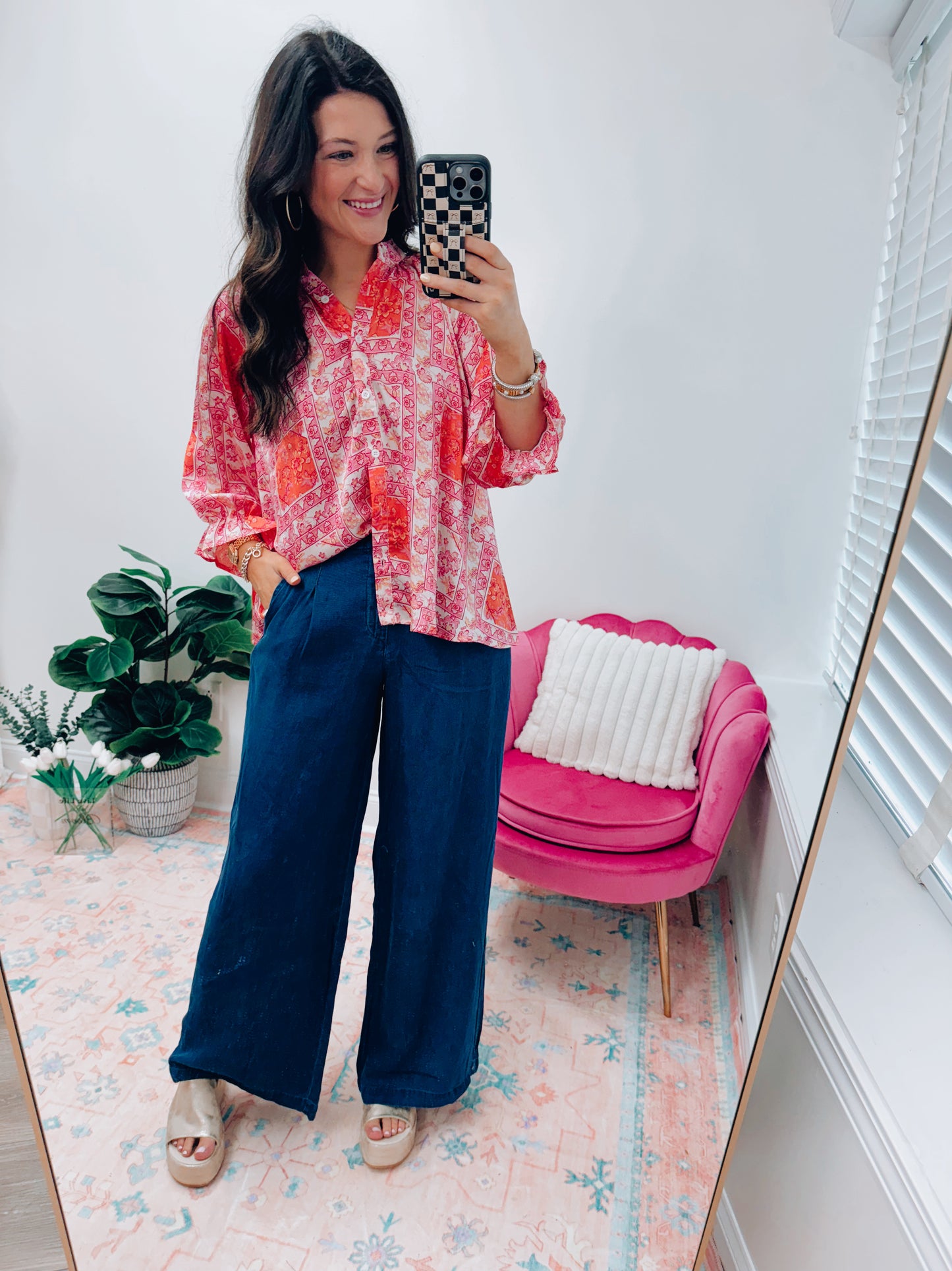 Scarf Print Loose Balloon Sleeve Top