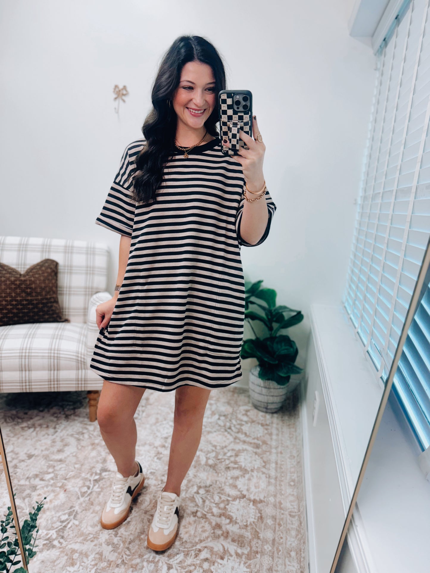 Stripe Knit Pullover Tee Dress - Black