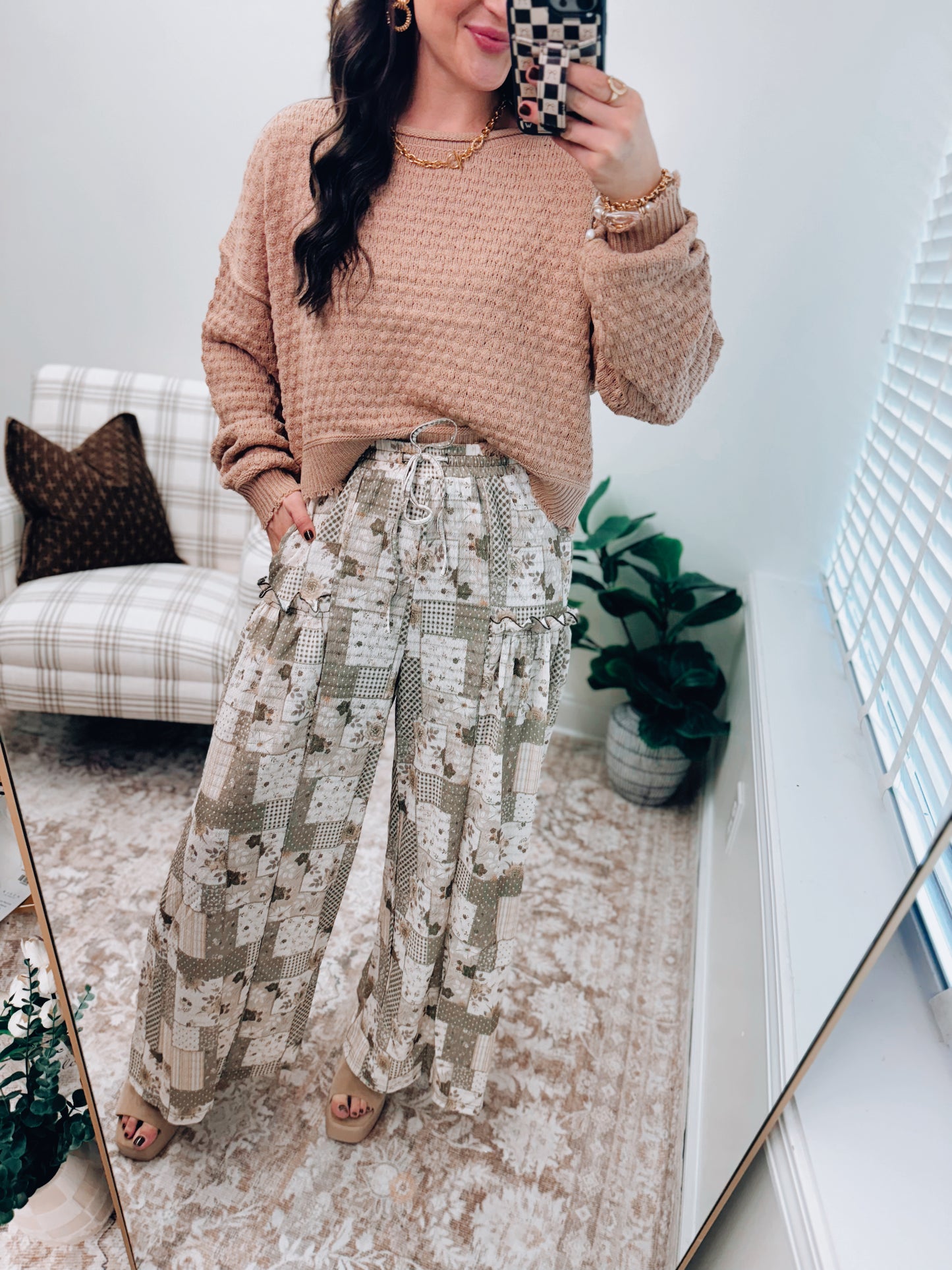 Autumn Patchwork Textured Wide Leg Pants - Olive