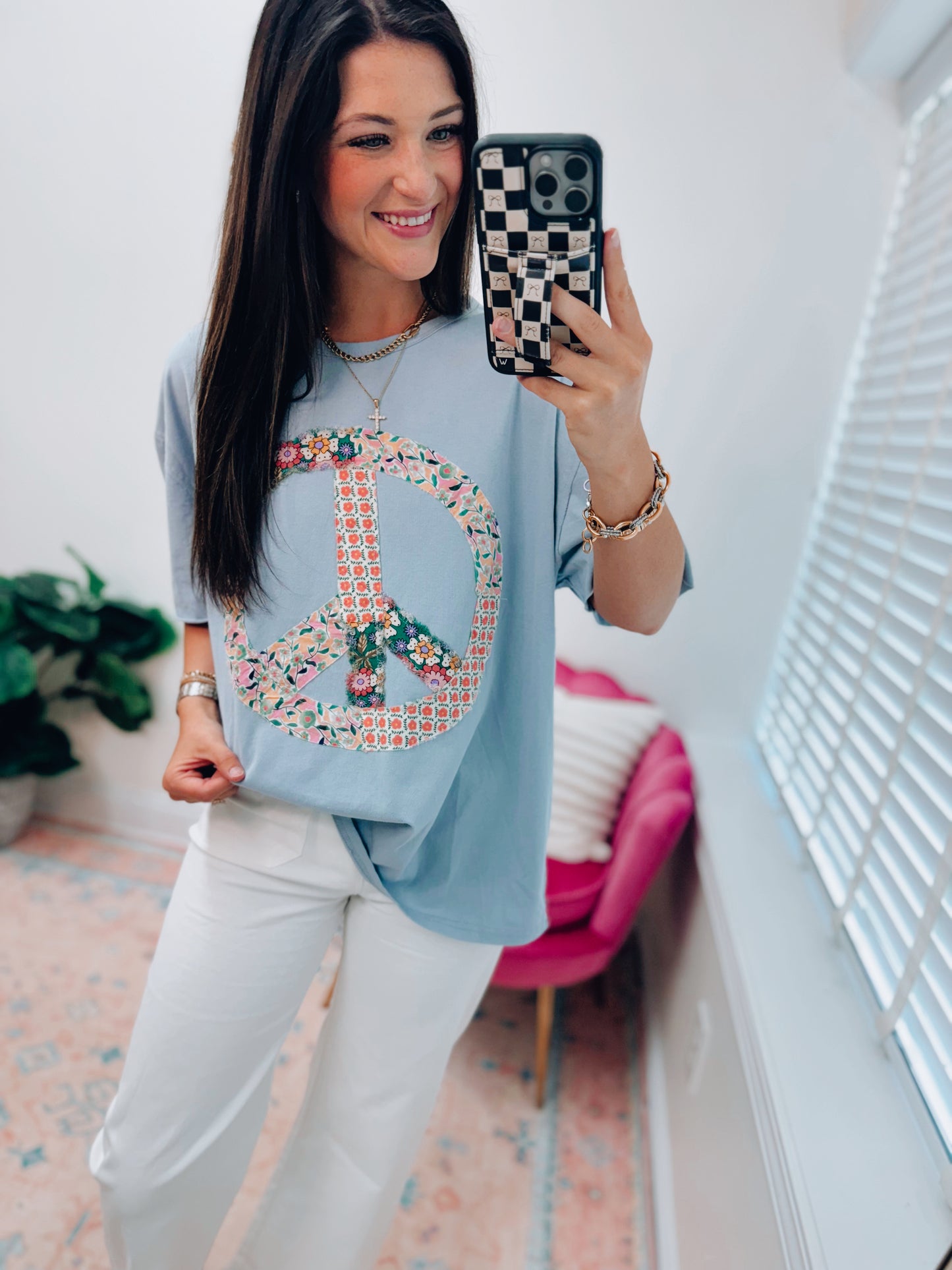 Blue Floral Peace Patchwork Top