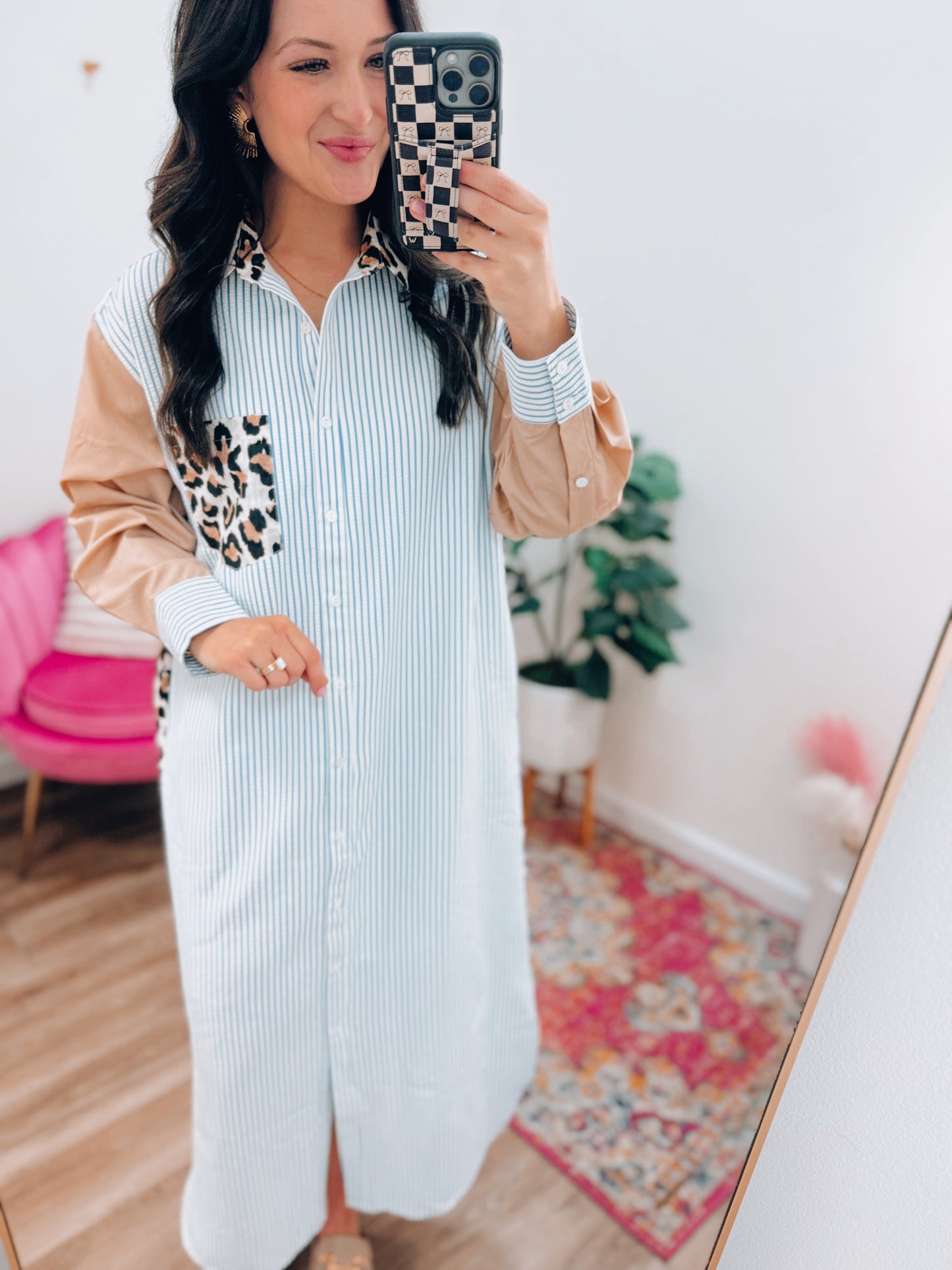 Leopard Mix Button Midi Dress