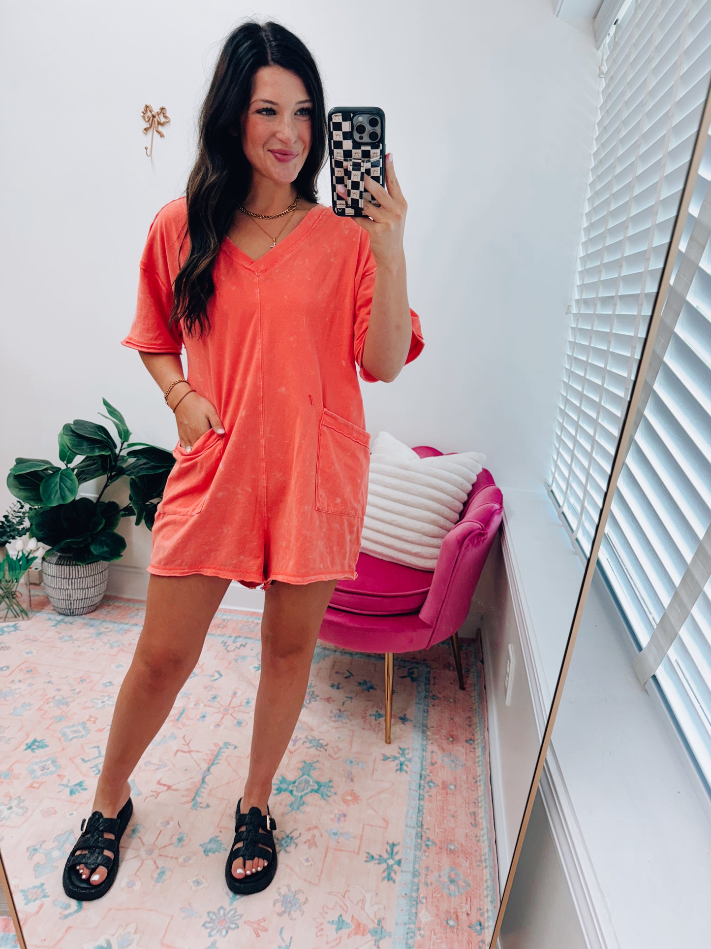 Mineral Washed Oversized Casual V Knit Romper - Coral
