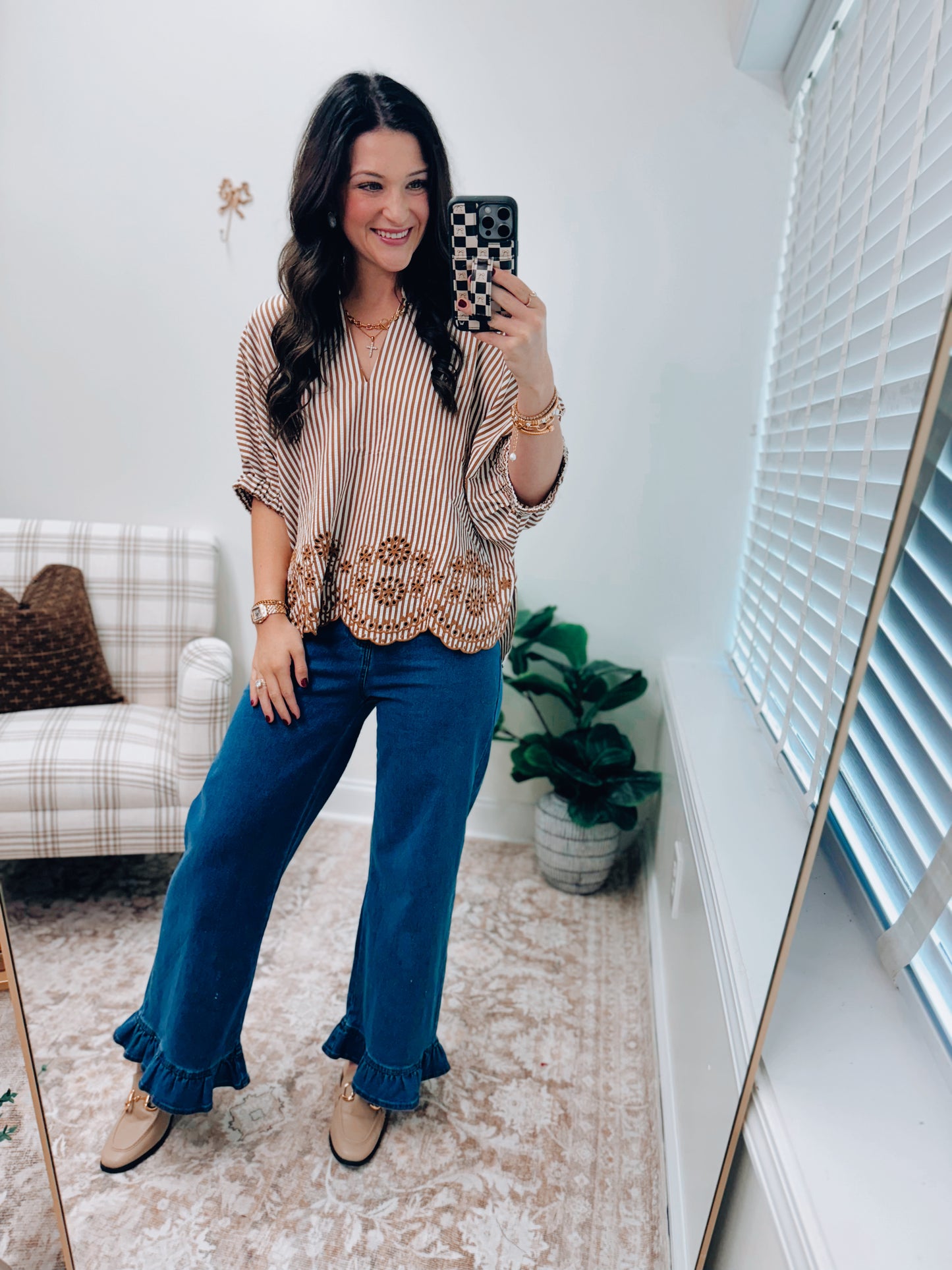 CURVY Lennon Striped Eyelet Dolman Top - Camel