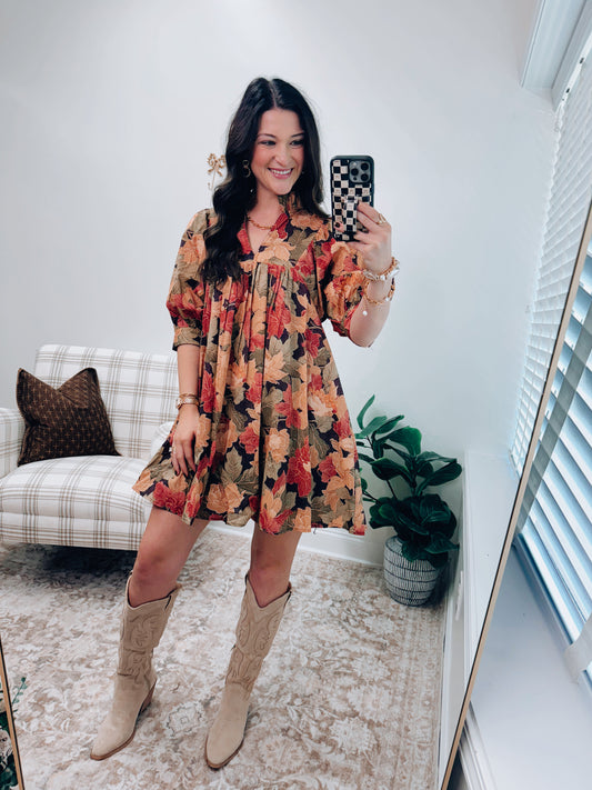 Tate Leaf Pleated Fall Mini Dress