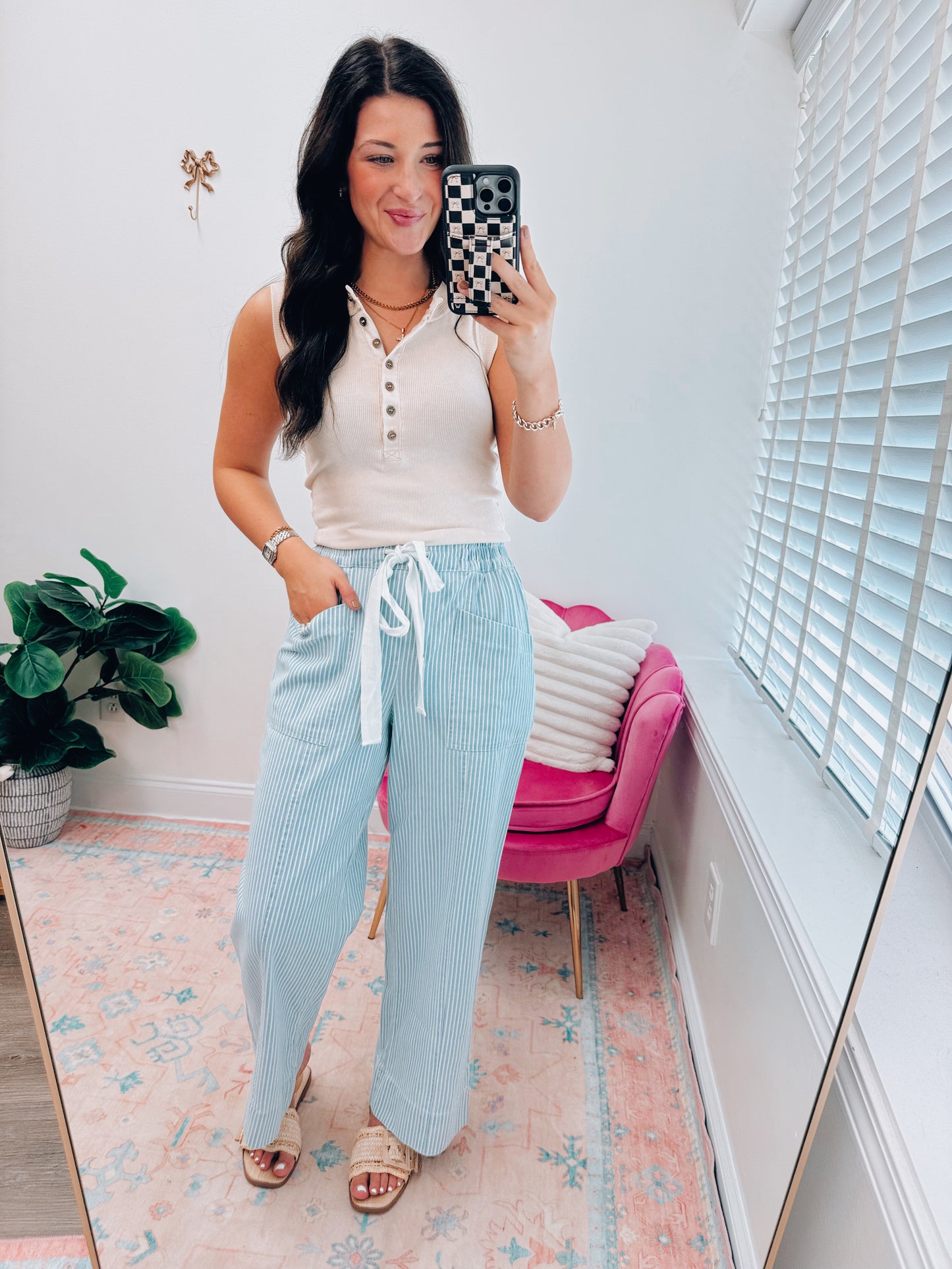 Striped Wide-Leg Tie Denim Pants