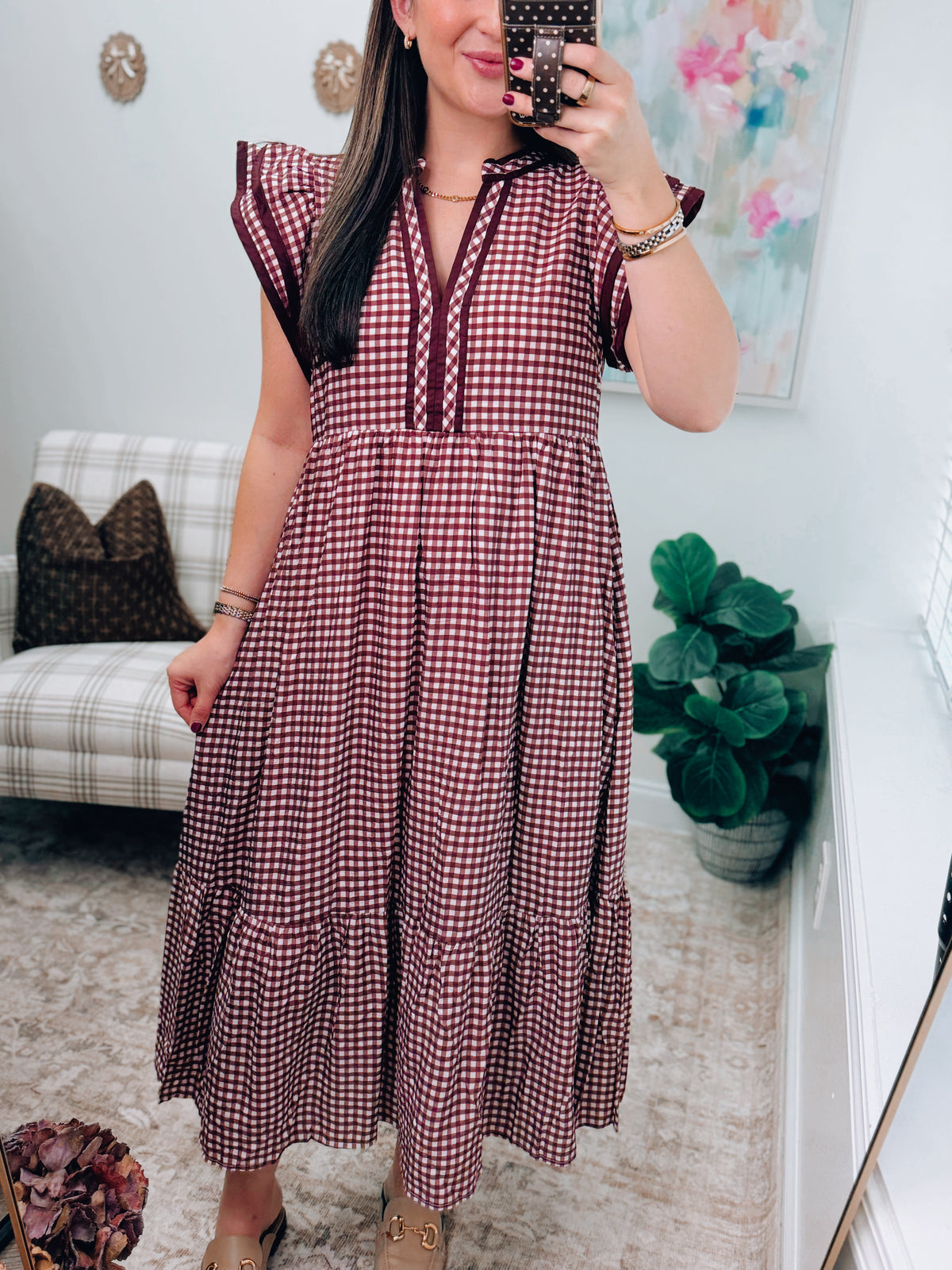 Maroon Gingham Ruffle Midi Dress