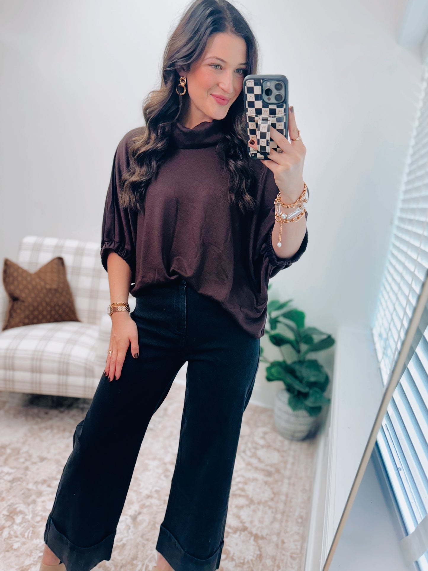 Holly Mock Neck Chocolate Top