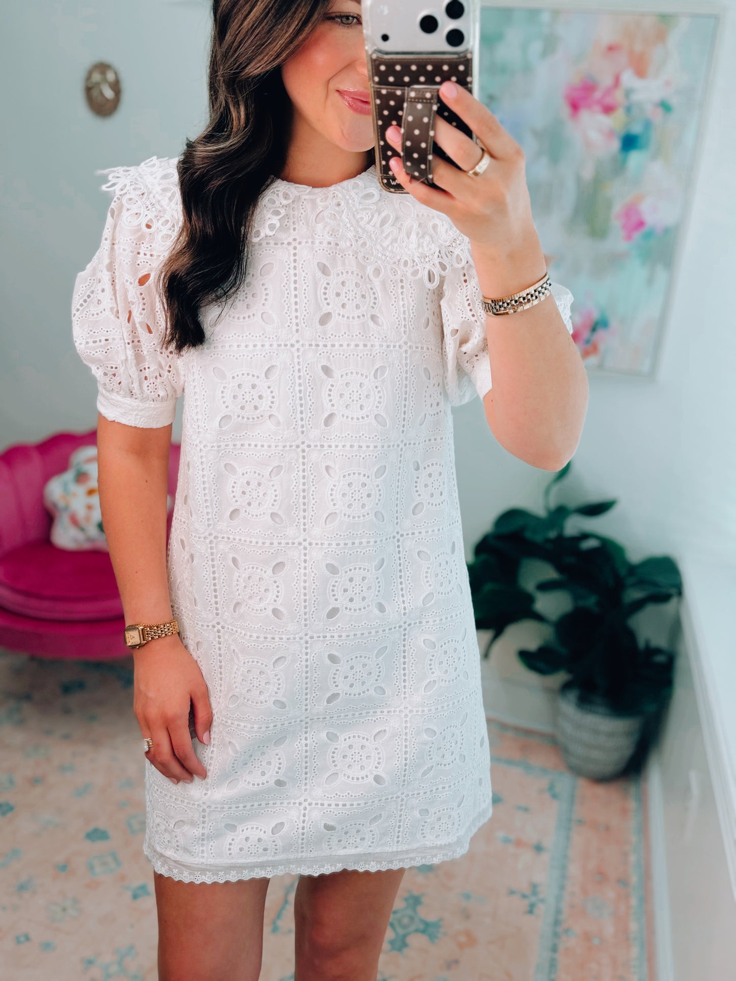 White Eyelet Oversized Collar Mini Dress