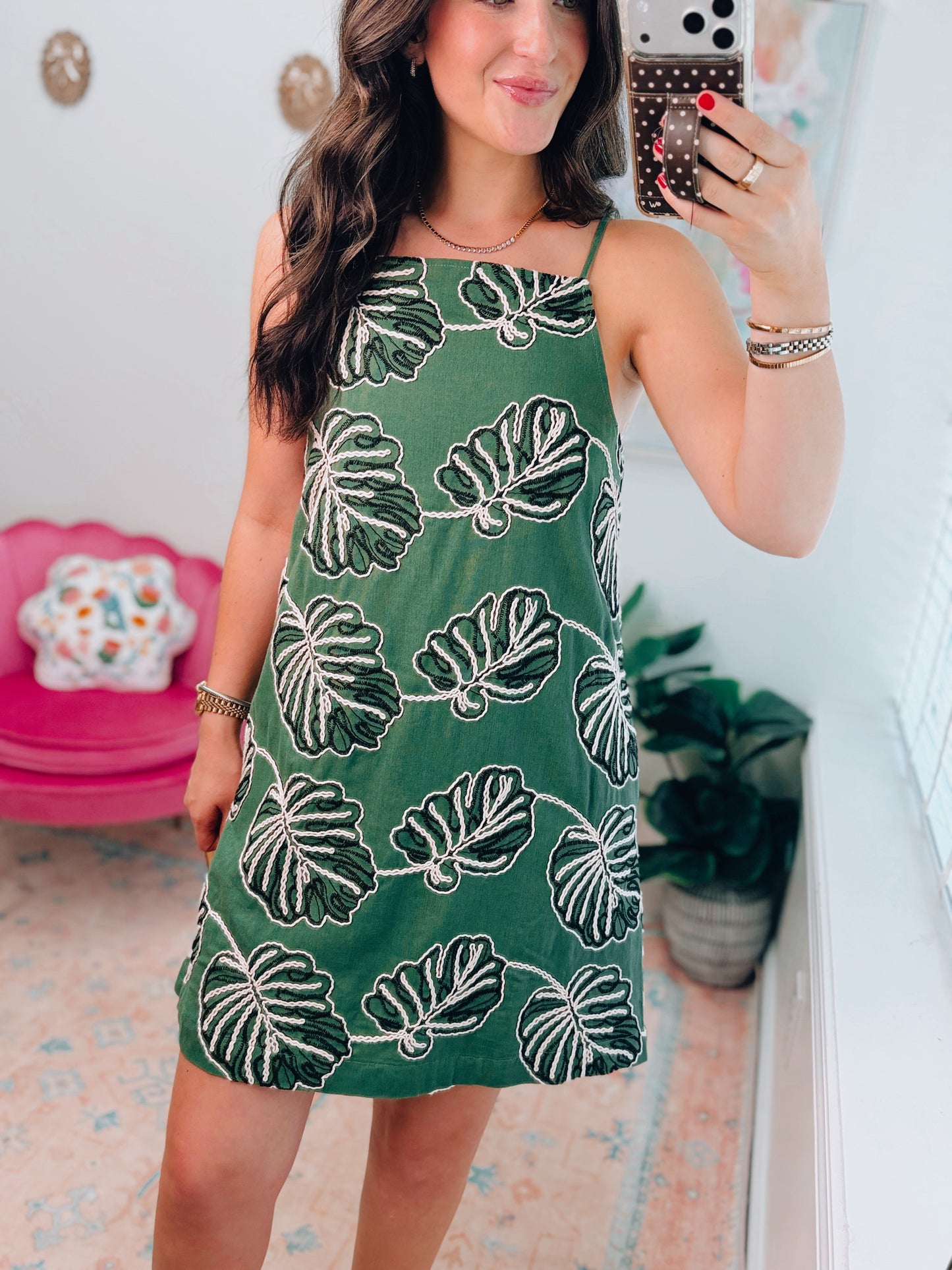 Palm Matcha Embroidered Mini Dress