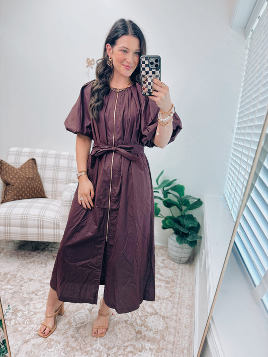 Hattie Maroon Gold Zip Midi Dress
