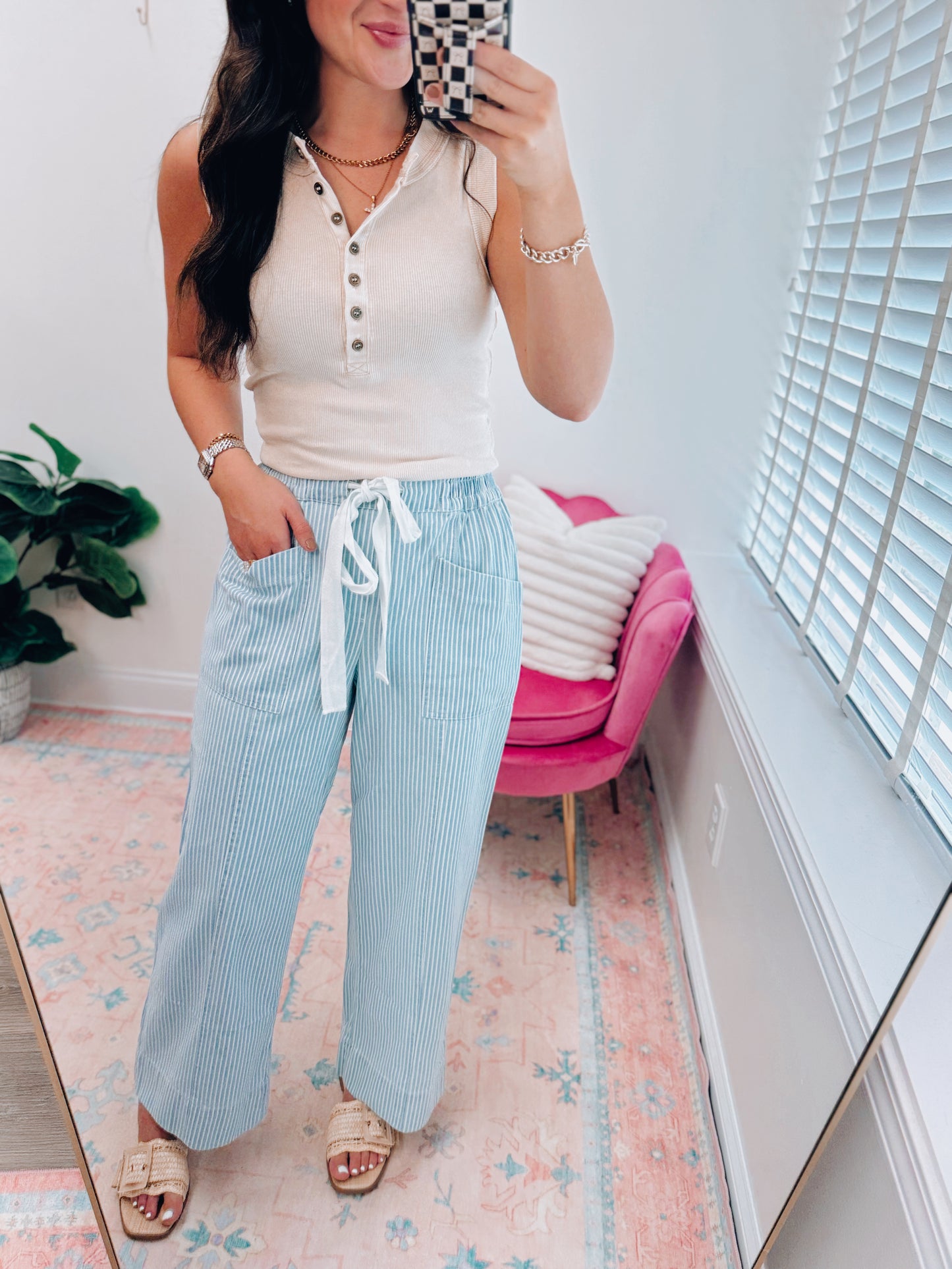 Striped Wide-Leg Tie Denim Pants
