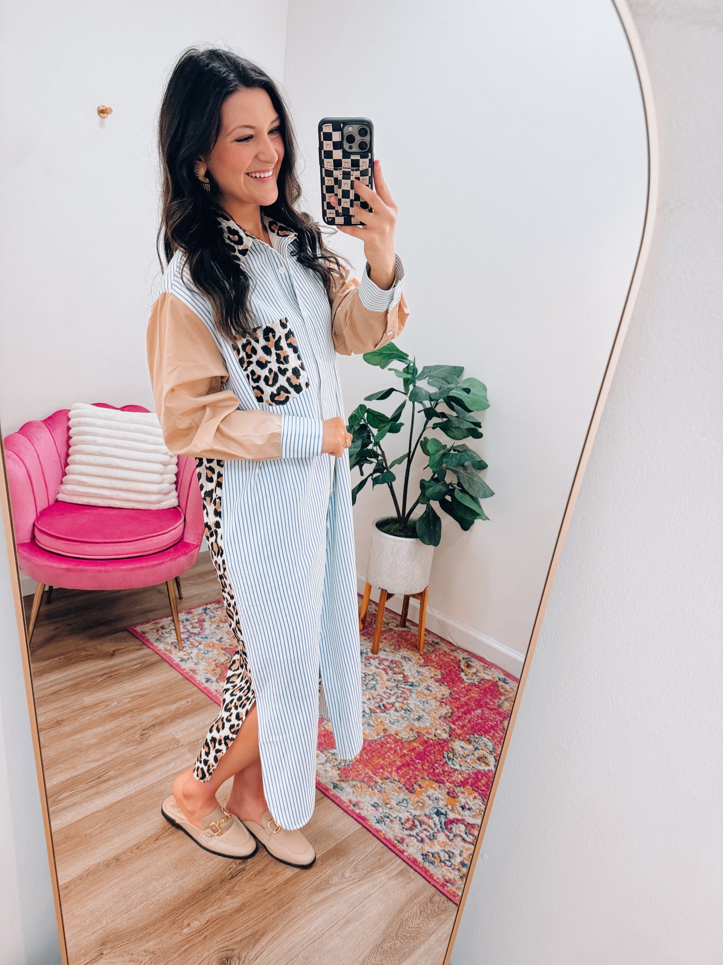 Leopard Mix Button Midi Dress