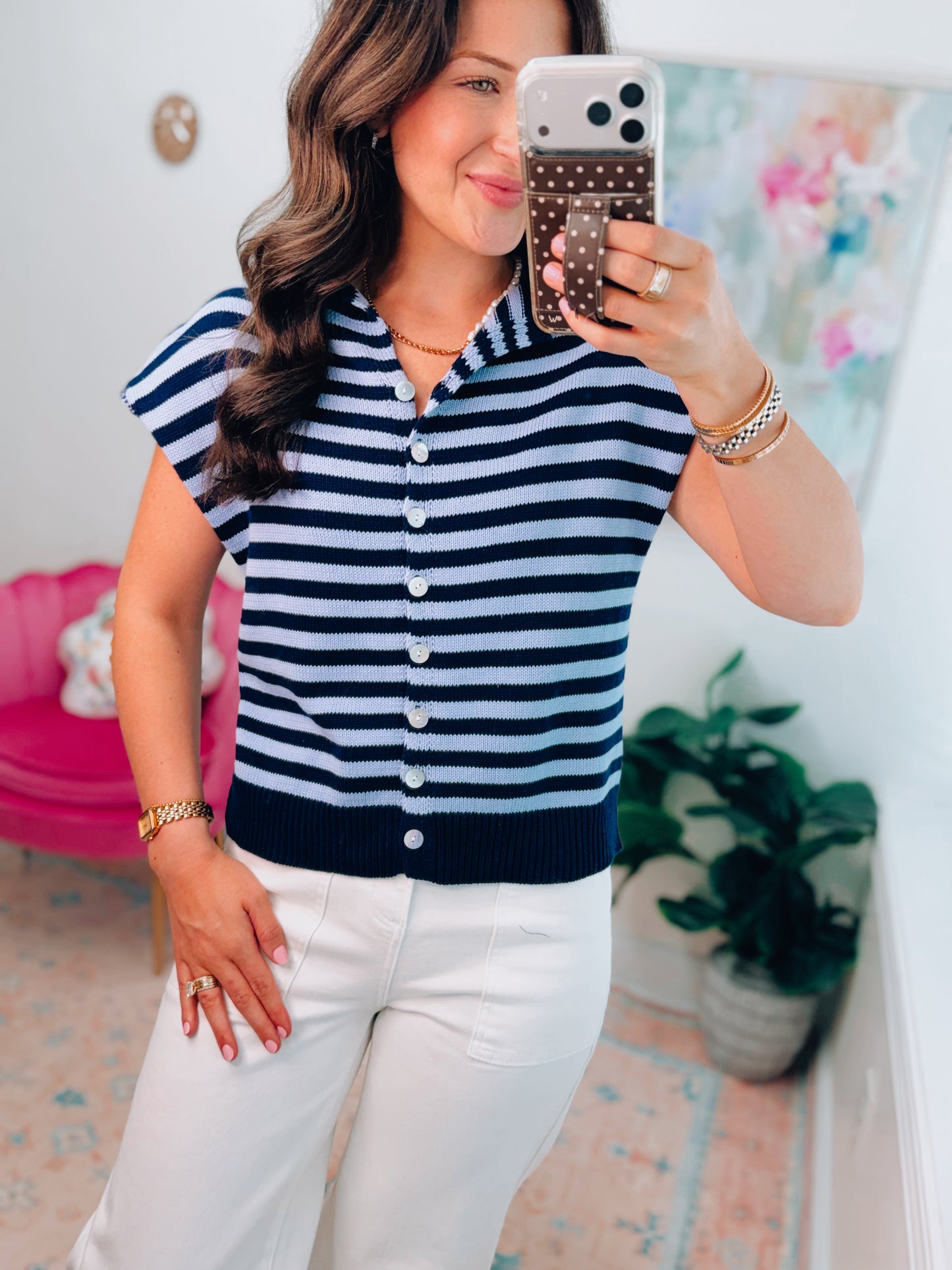 River Button Stripe Cuff Top - Navy