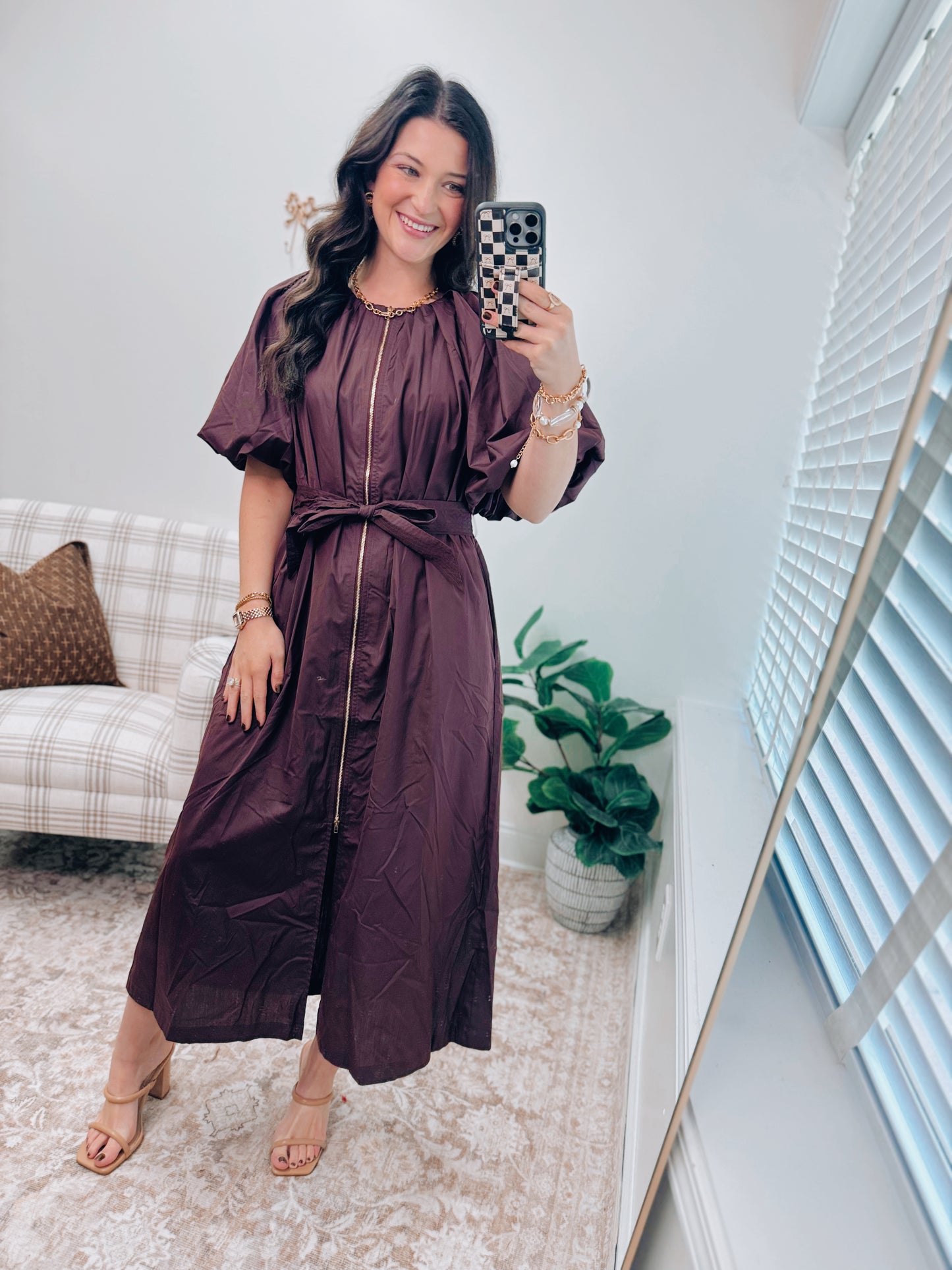 Hattie Maroon Gold Zip Midi Dress