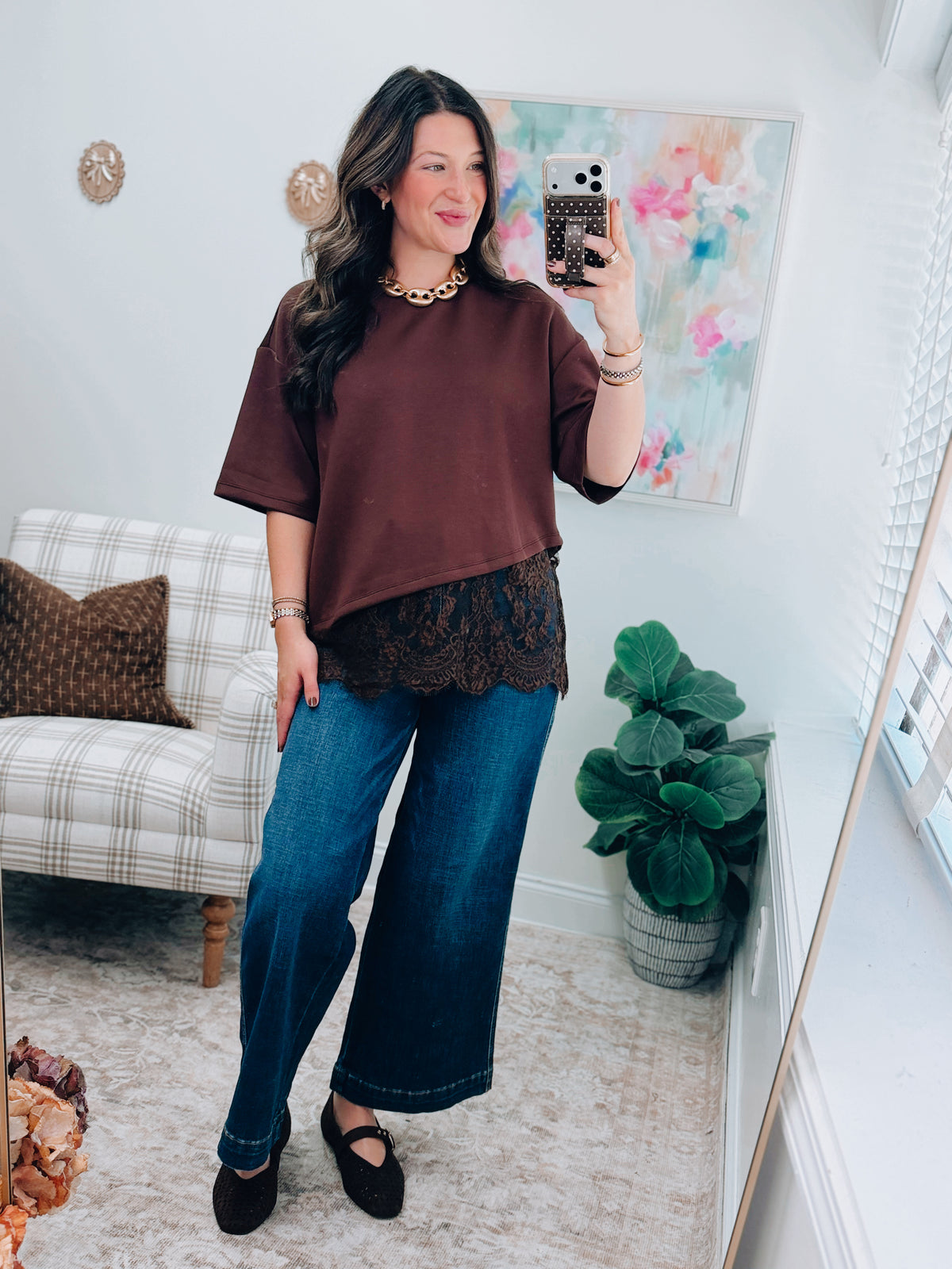 Sienna Brown Lace Trim Top