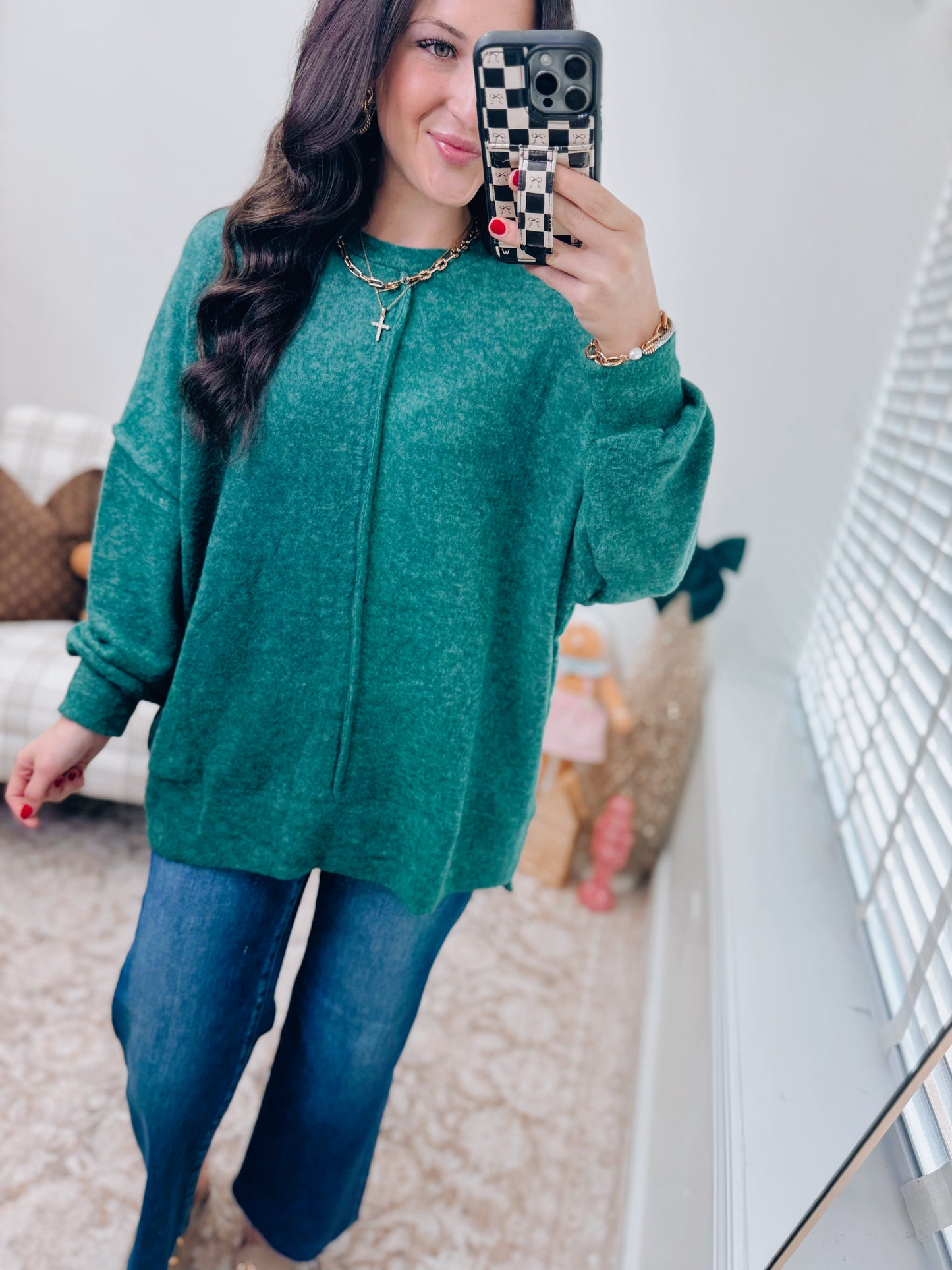 Oversized Front Seam Brushed Sweater - Green