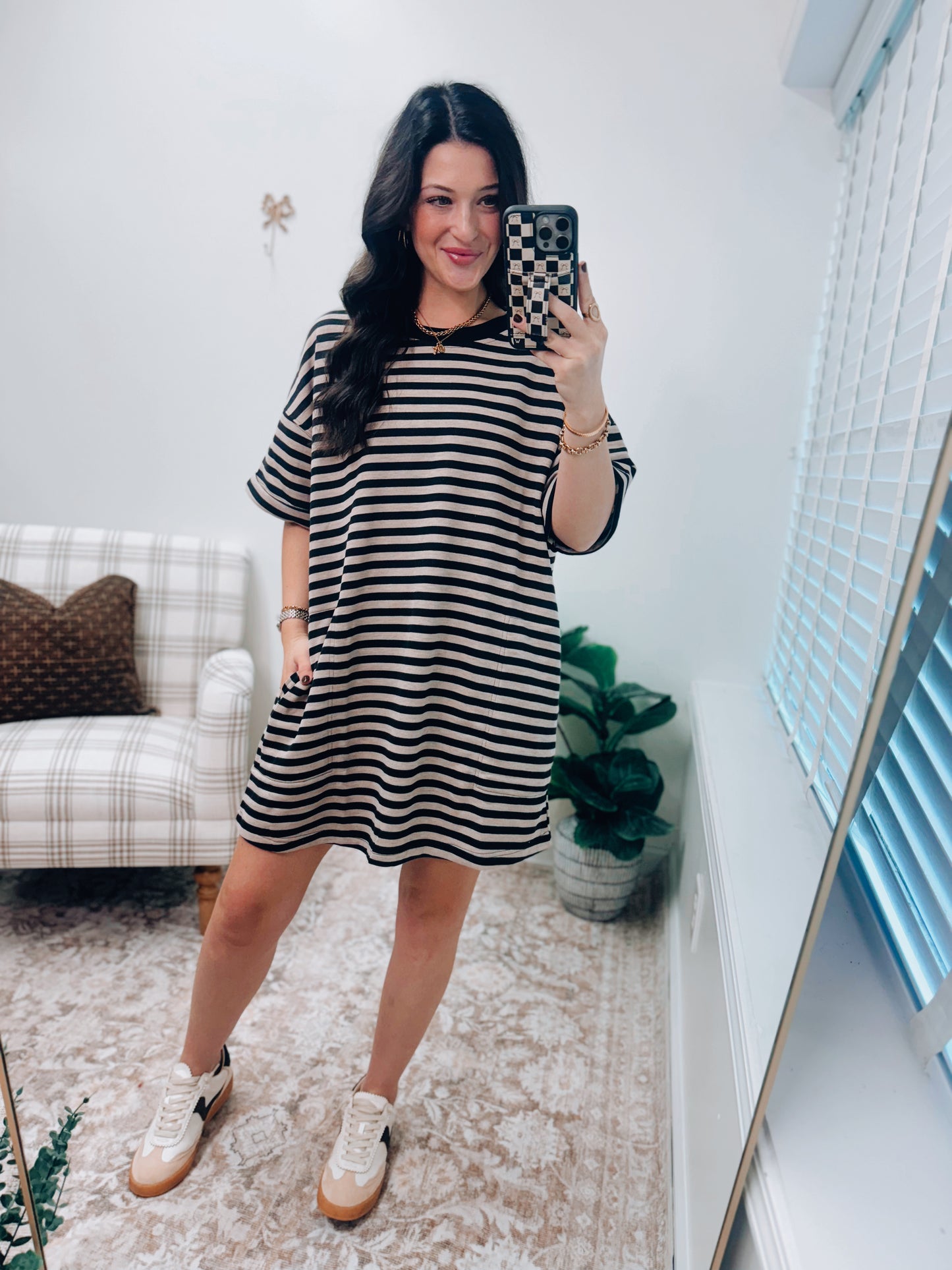 Stripe Knit Pullover Tee Dress - Black