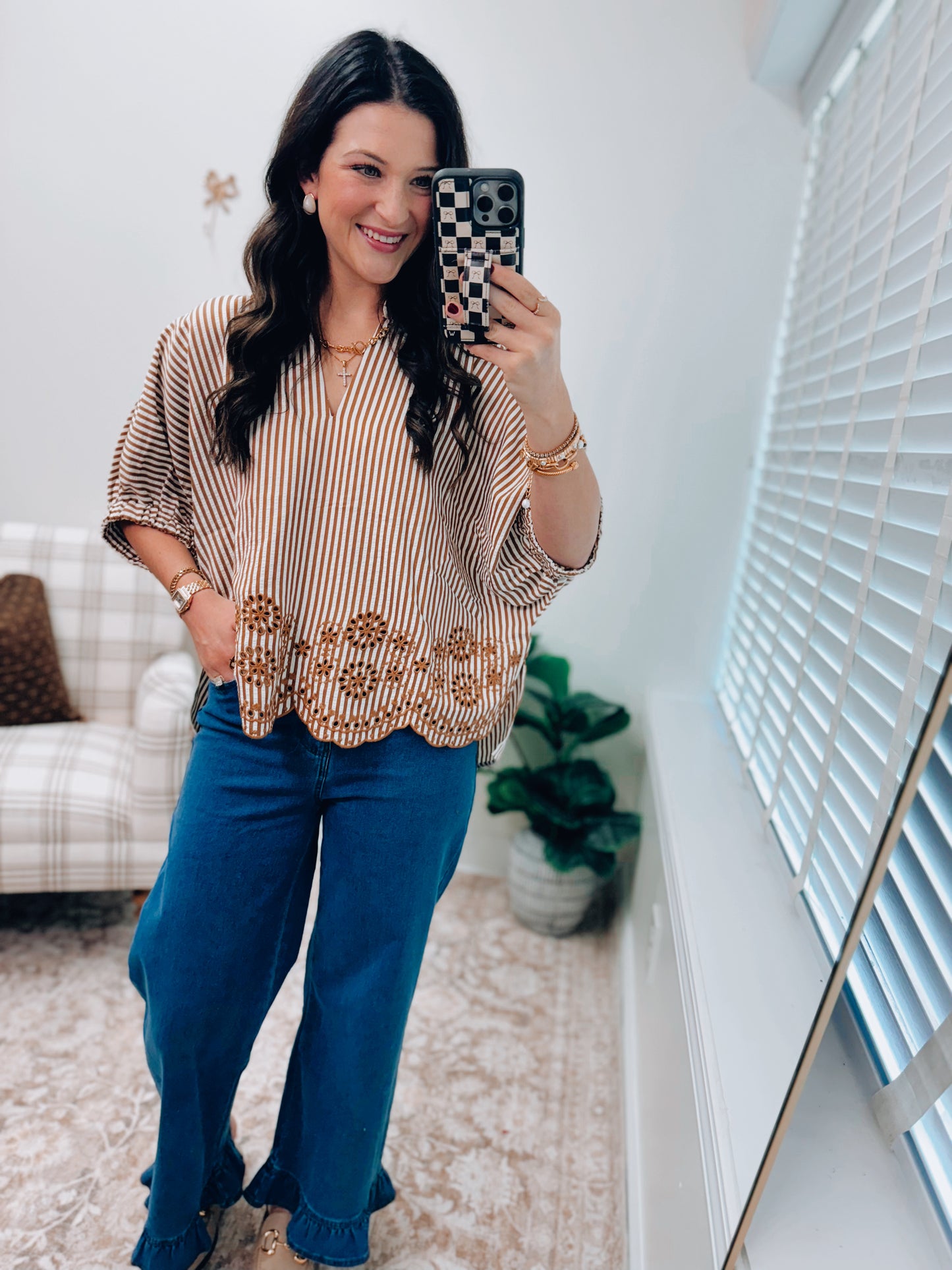 CURVY Lennon Striped Eyelet Dolman Top - Camel