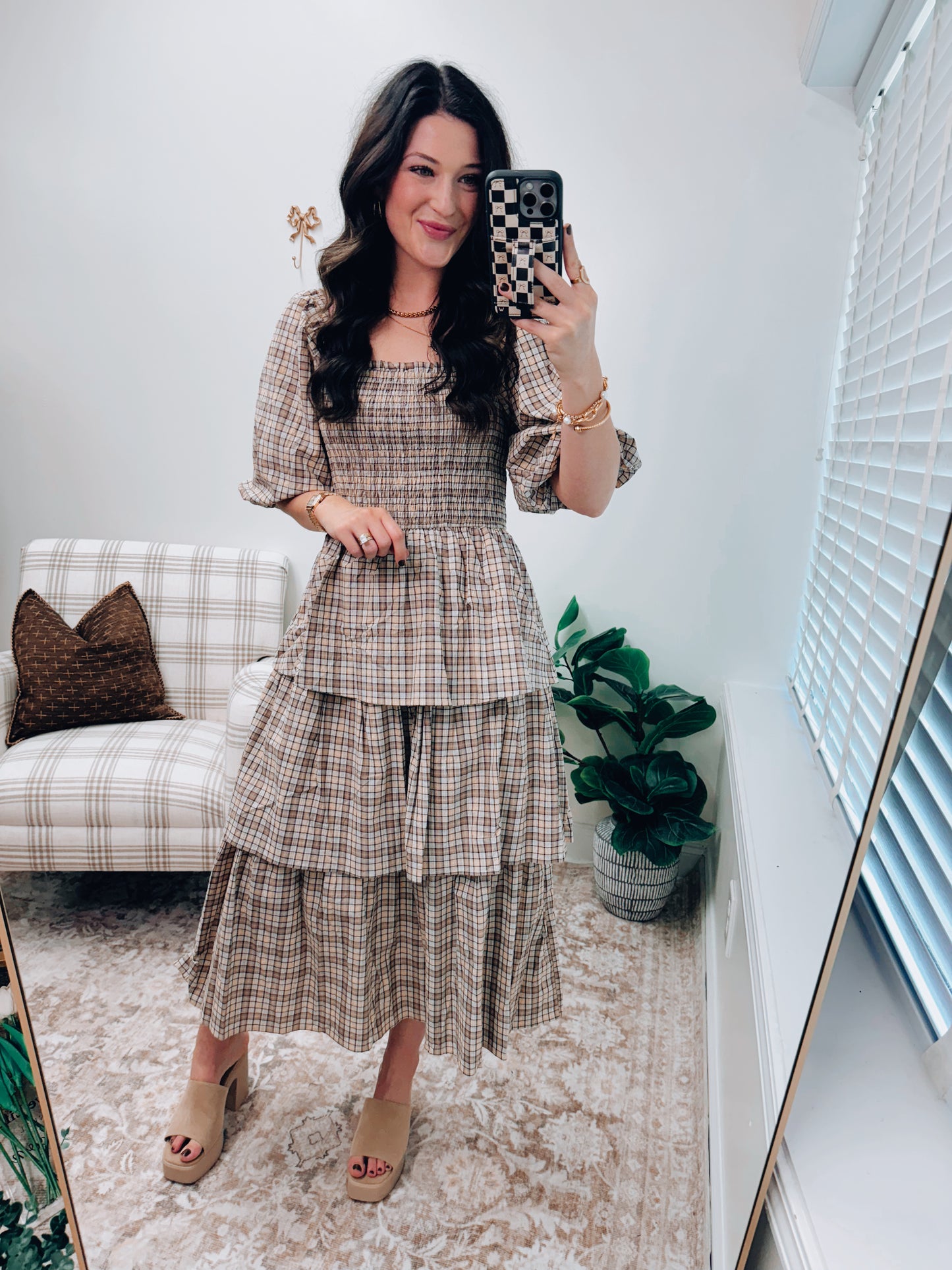 CURVY Crinkled Plaid Smocked Top Midi Dress