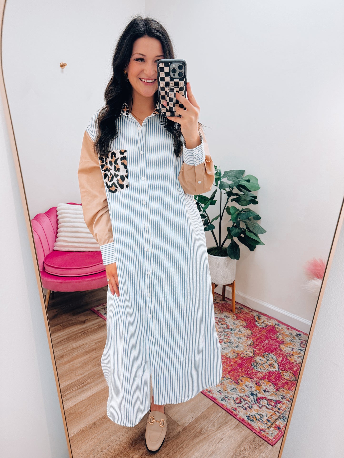 Leopard Mix Button Midi Dress