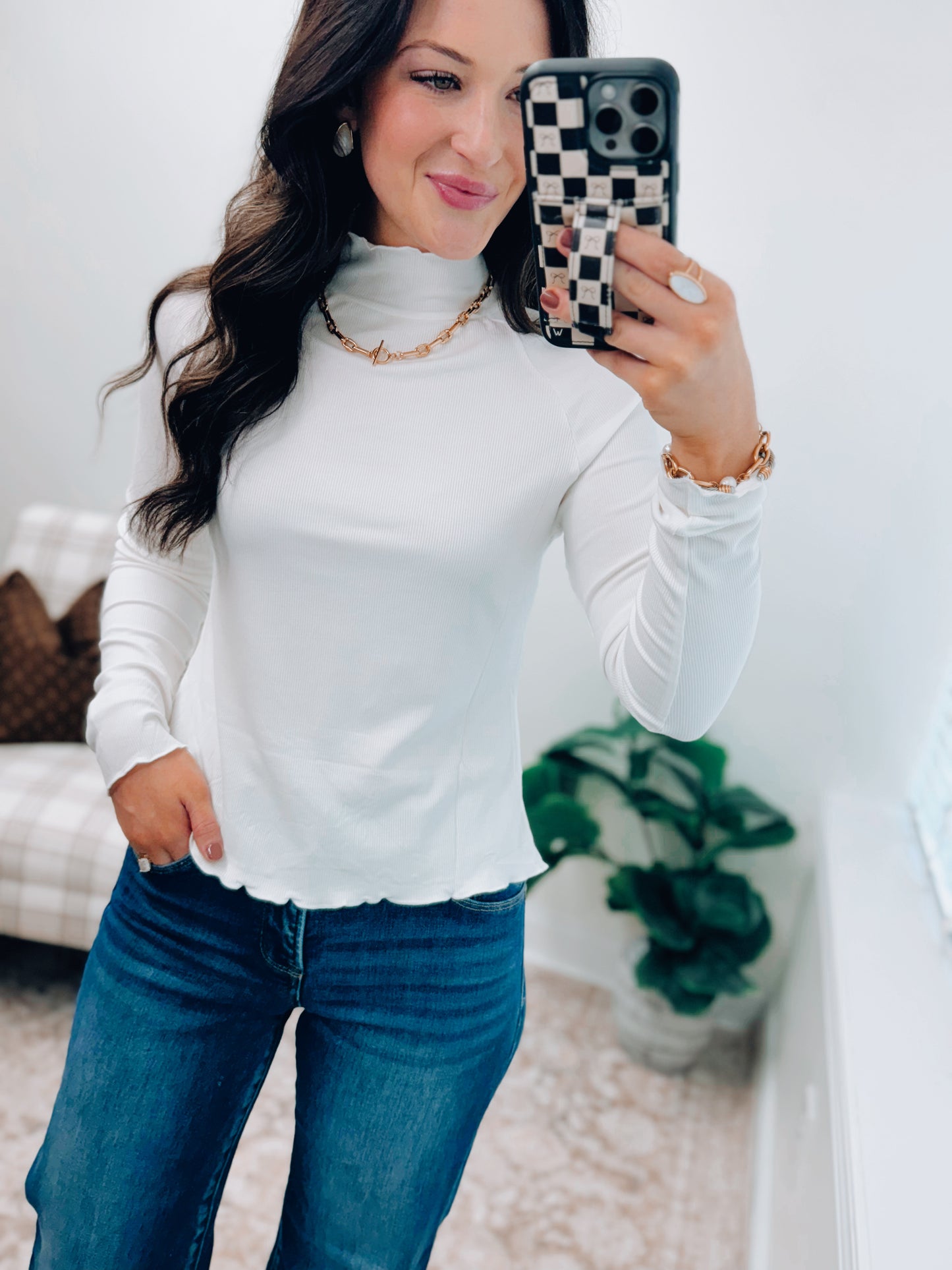 Milton Ruffle Mock Neck Layer Top - White