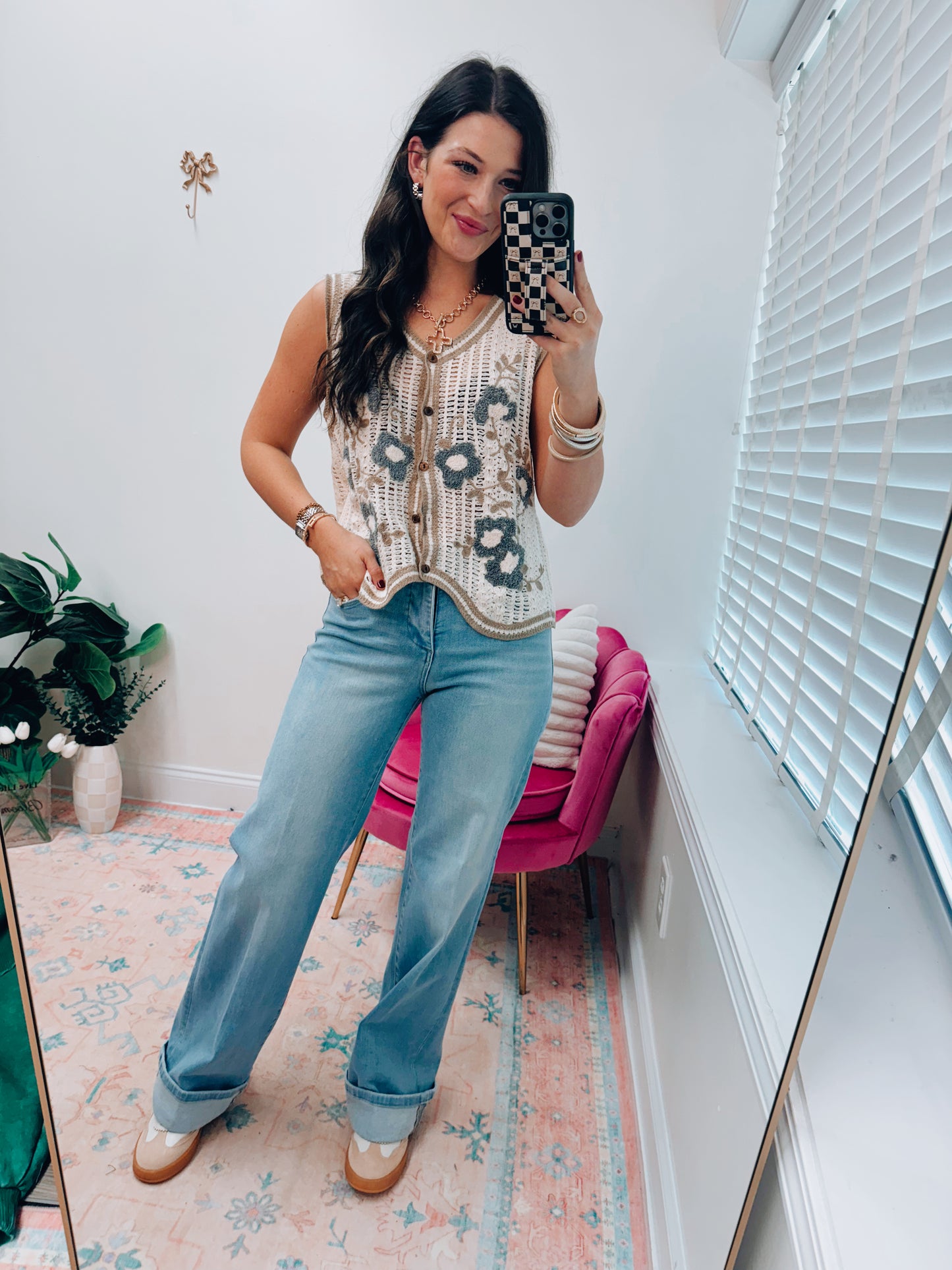 Floral Crochet Knit Sweater Vest