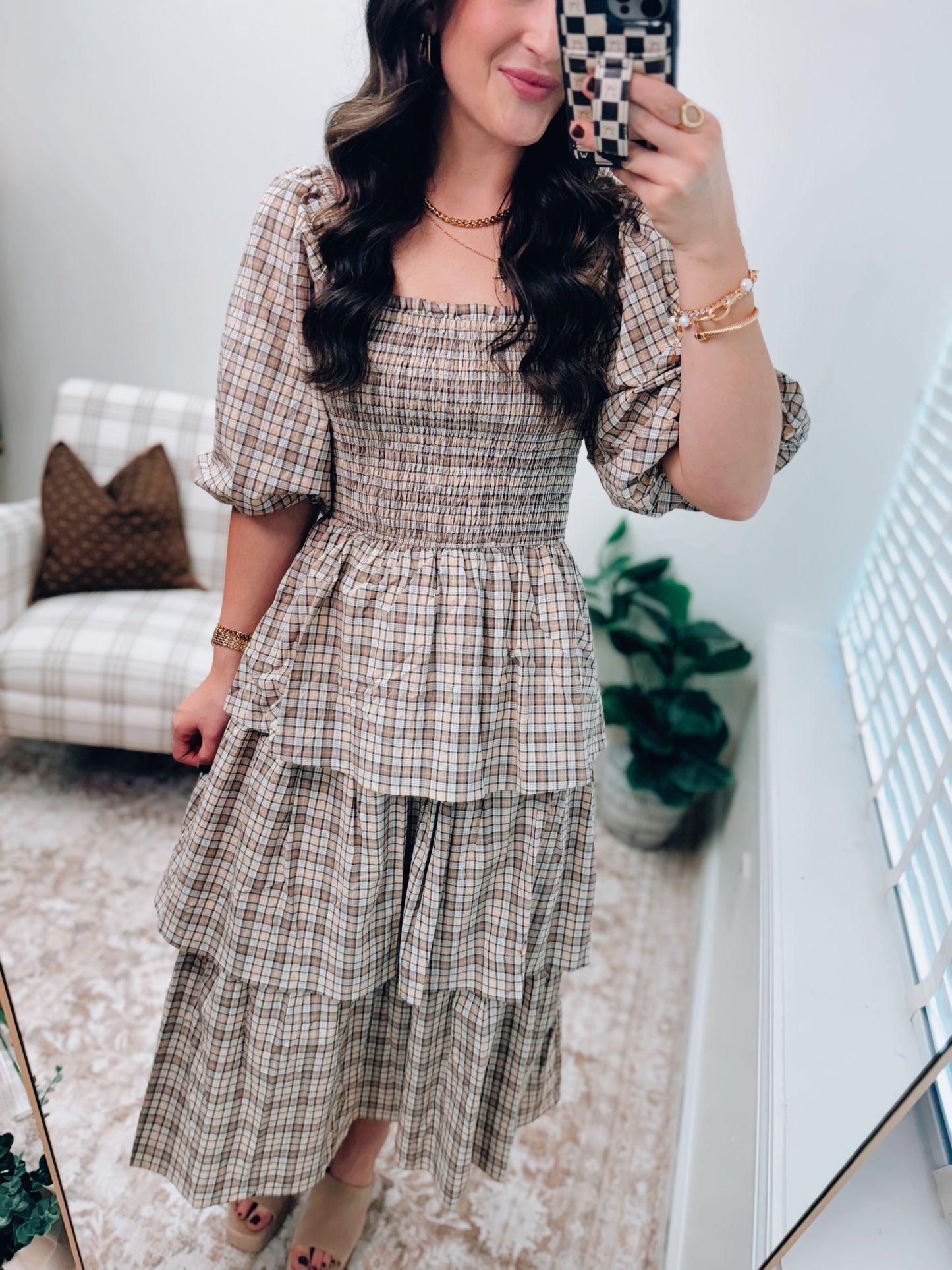 CURVY Crinkled Plaid Smocked Top Midi Dress