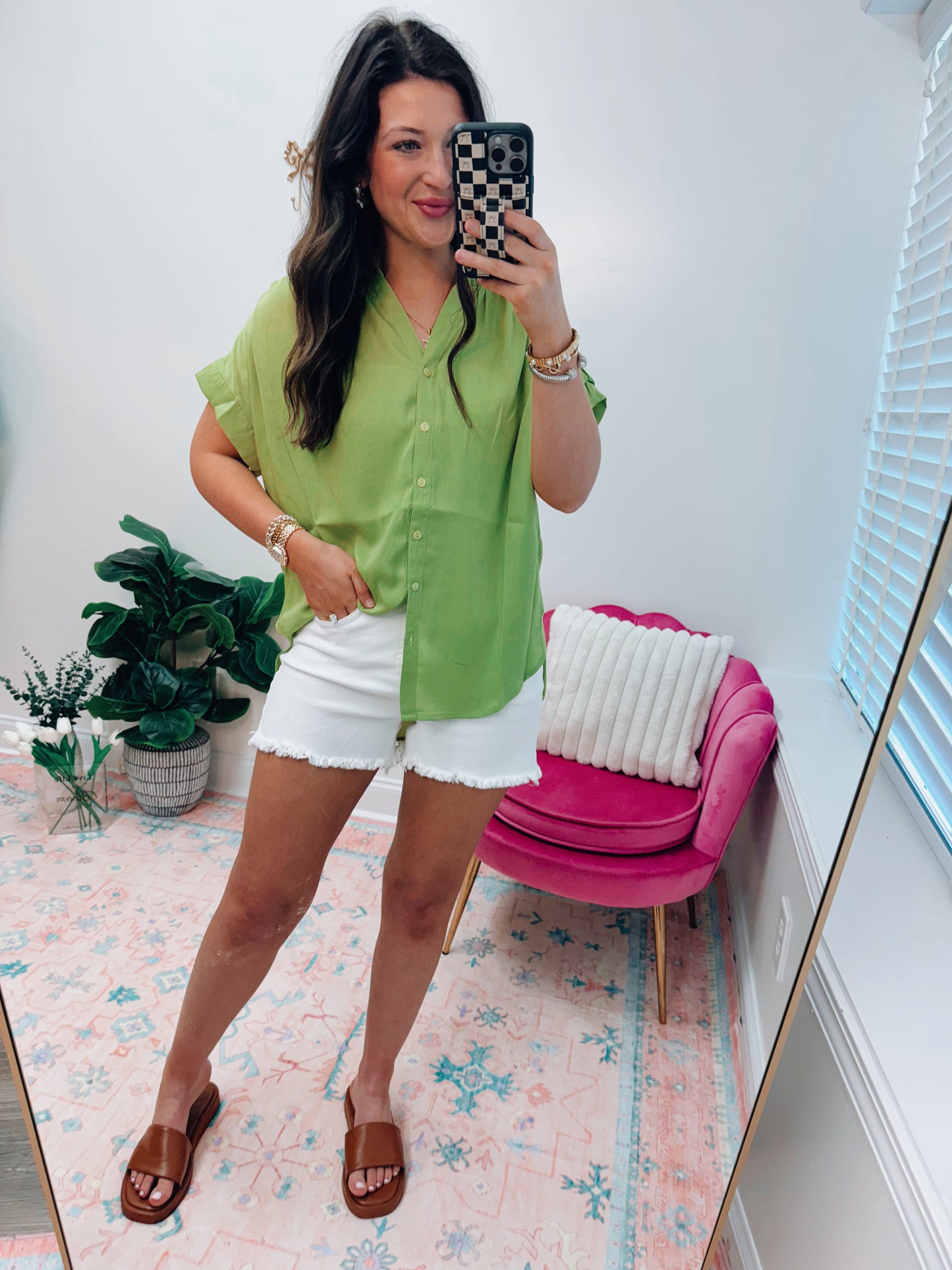 Lime Satin Button Top