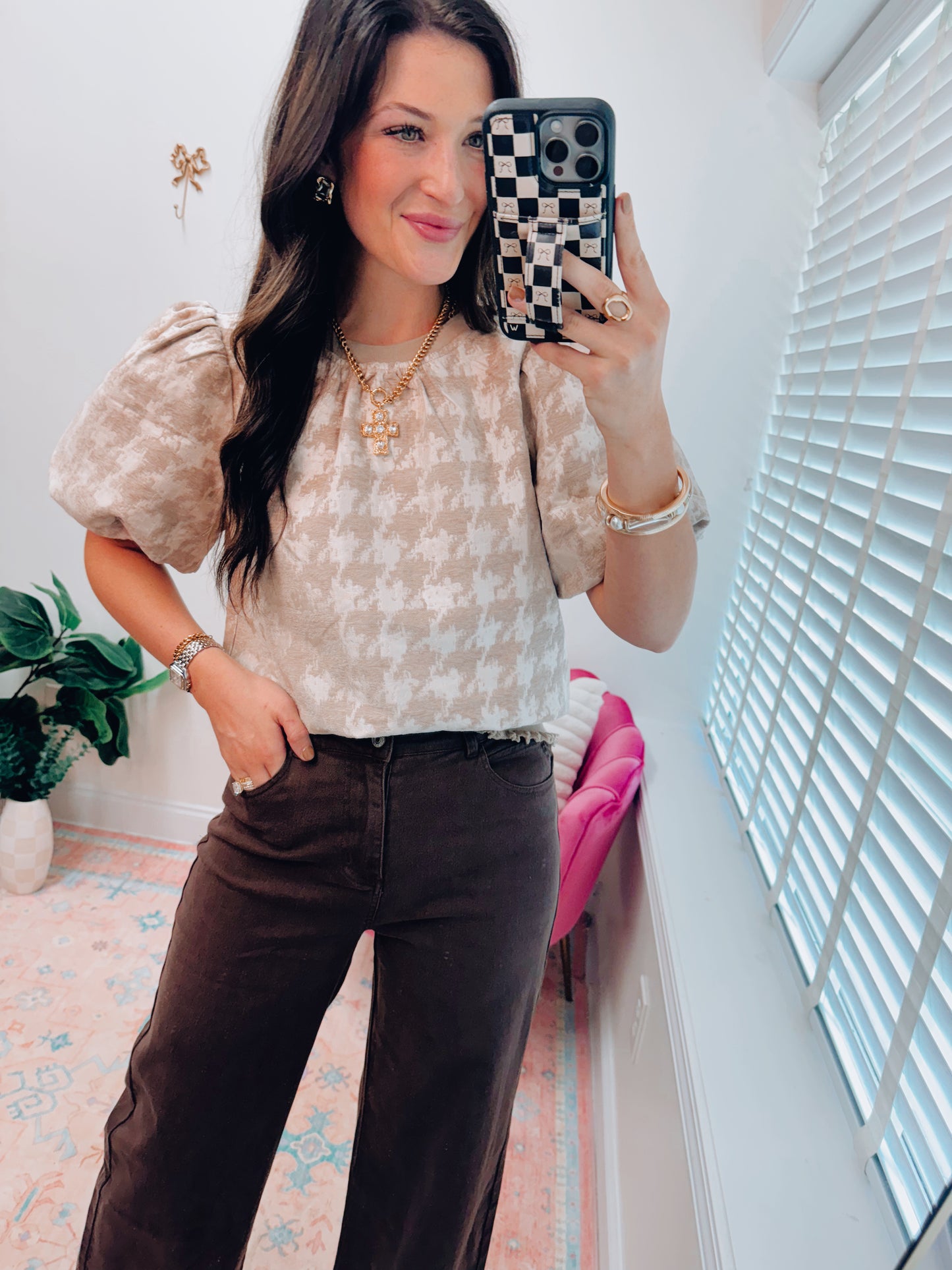 Houndstooth Velvet Puff Top