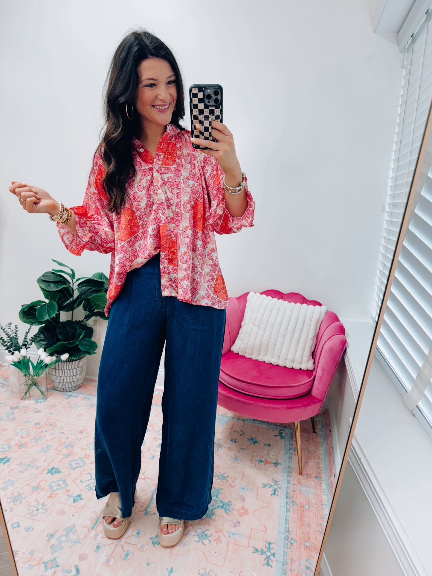 Scarf Print Loose Balloon Sleeve Top
