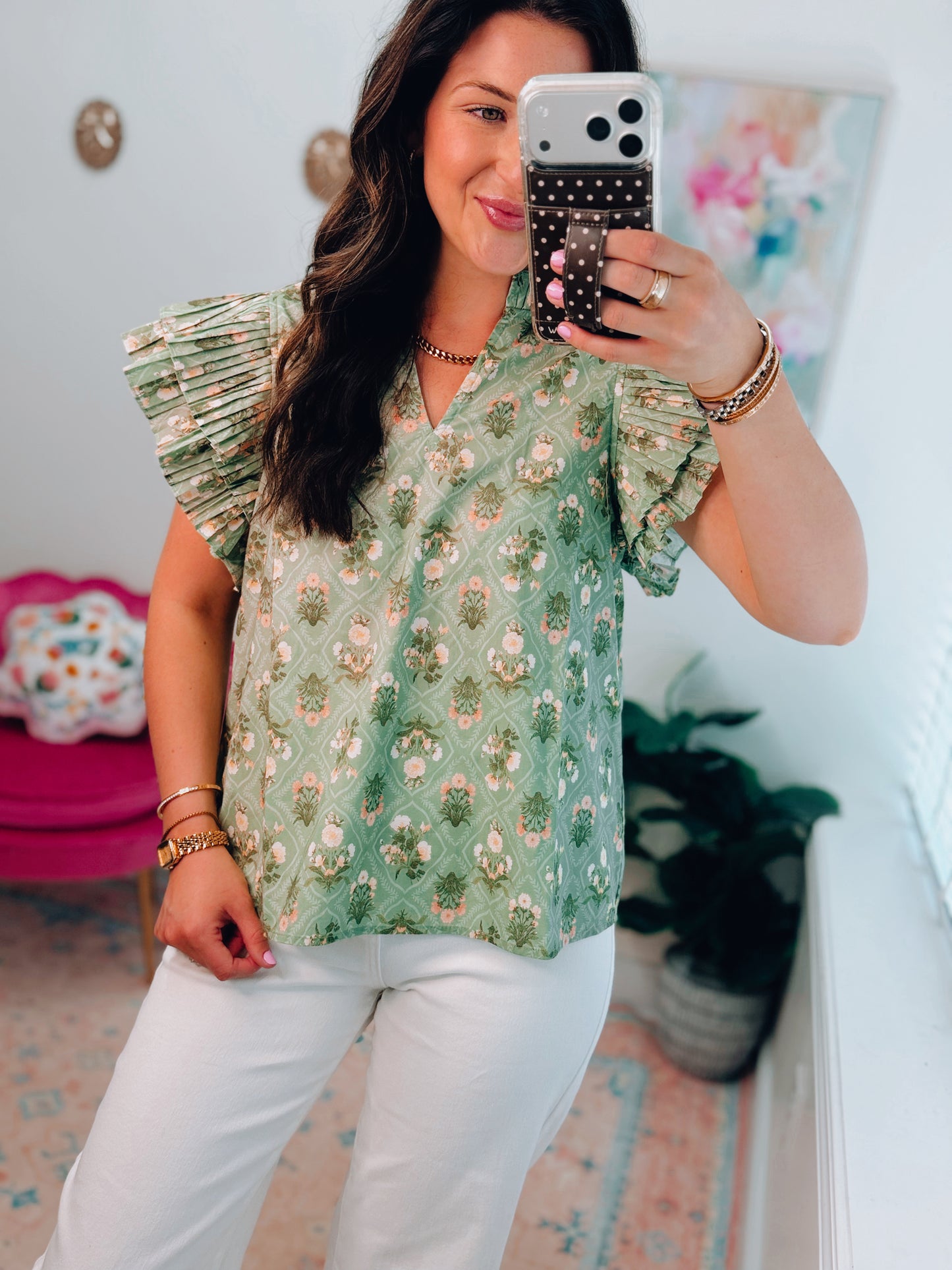 Pleated Matcha Floral Top