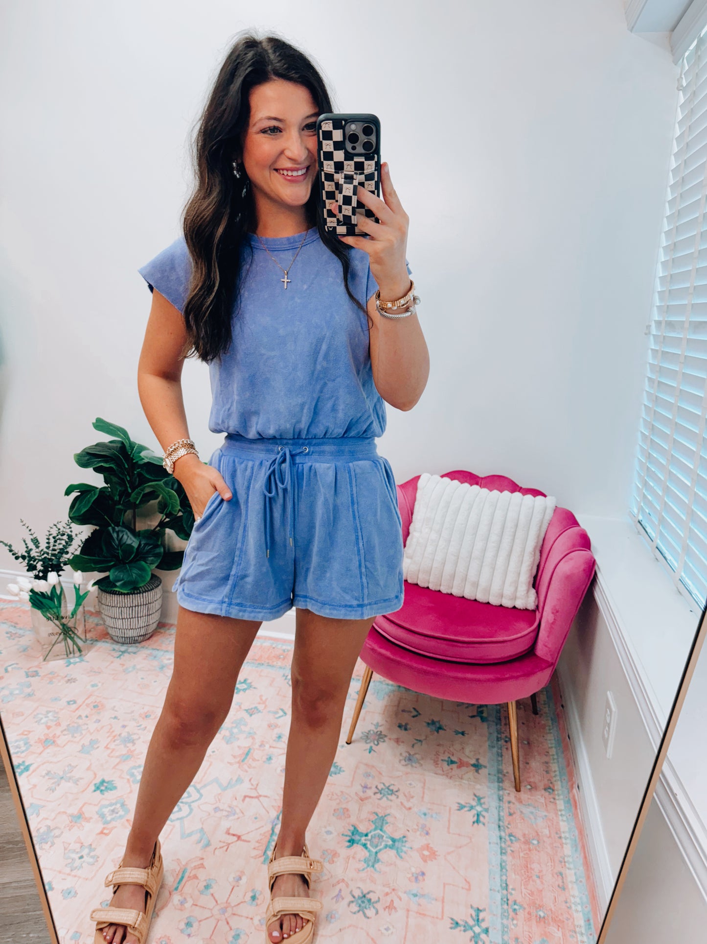 Renley Washed Open Back Romper - Blue