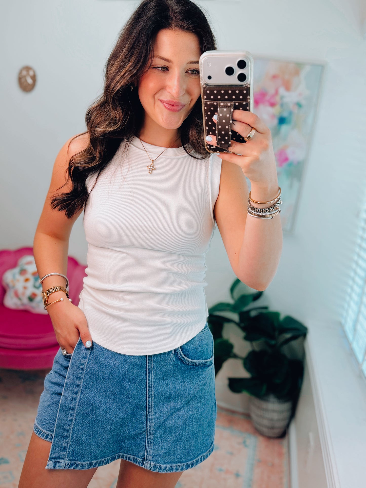 Reversed Hem Ribbed Tank - White