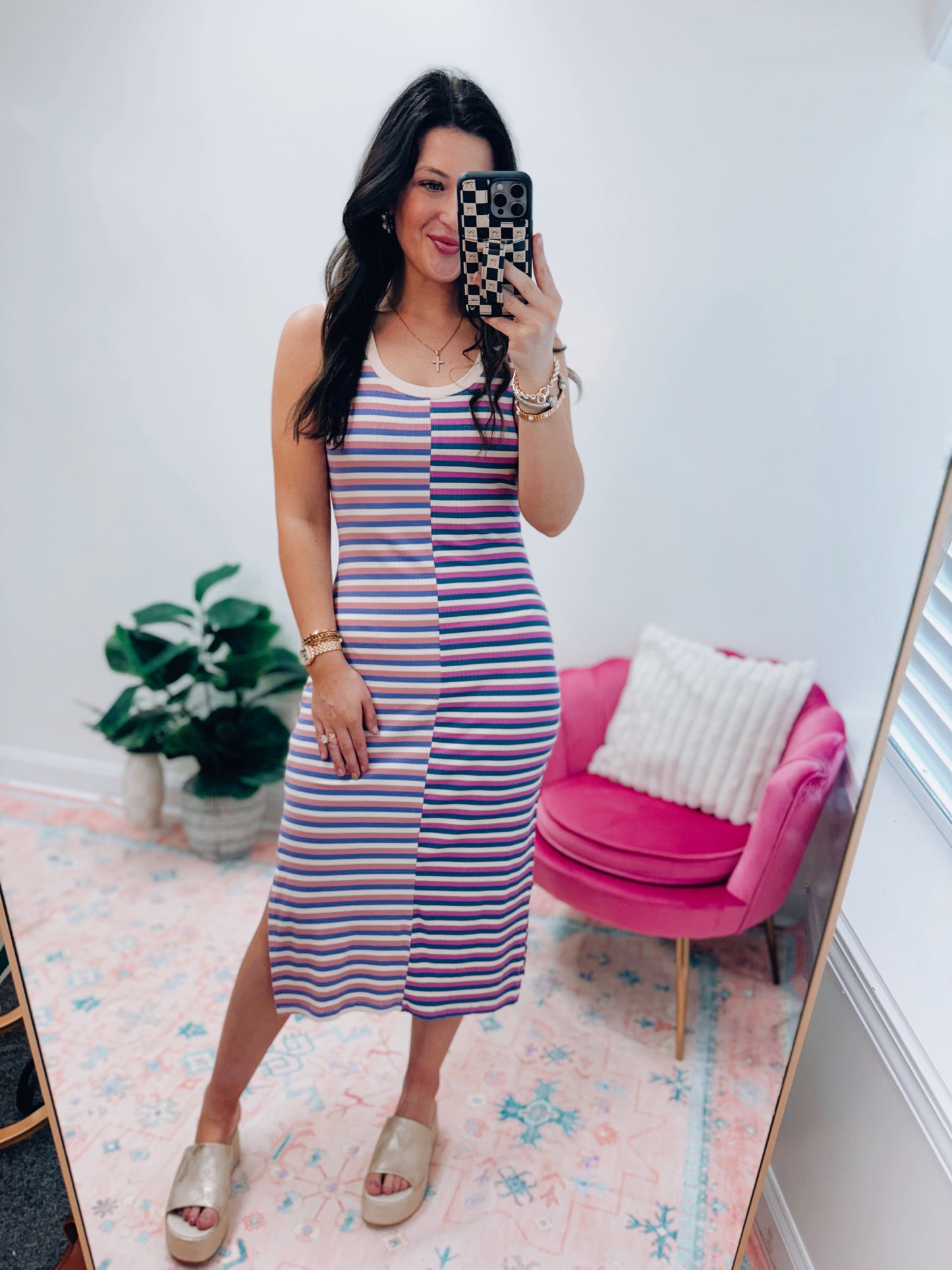 Combo Striped Ribbed Midi Dress