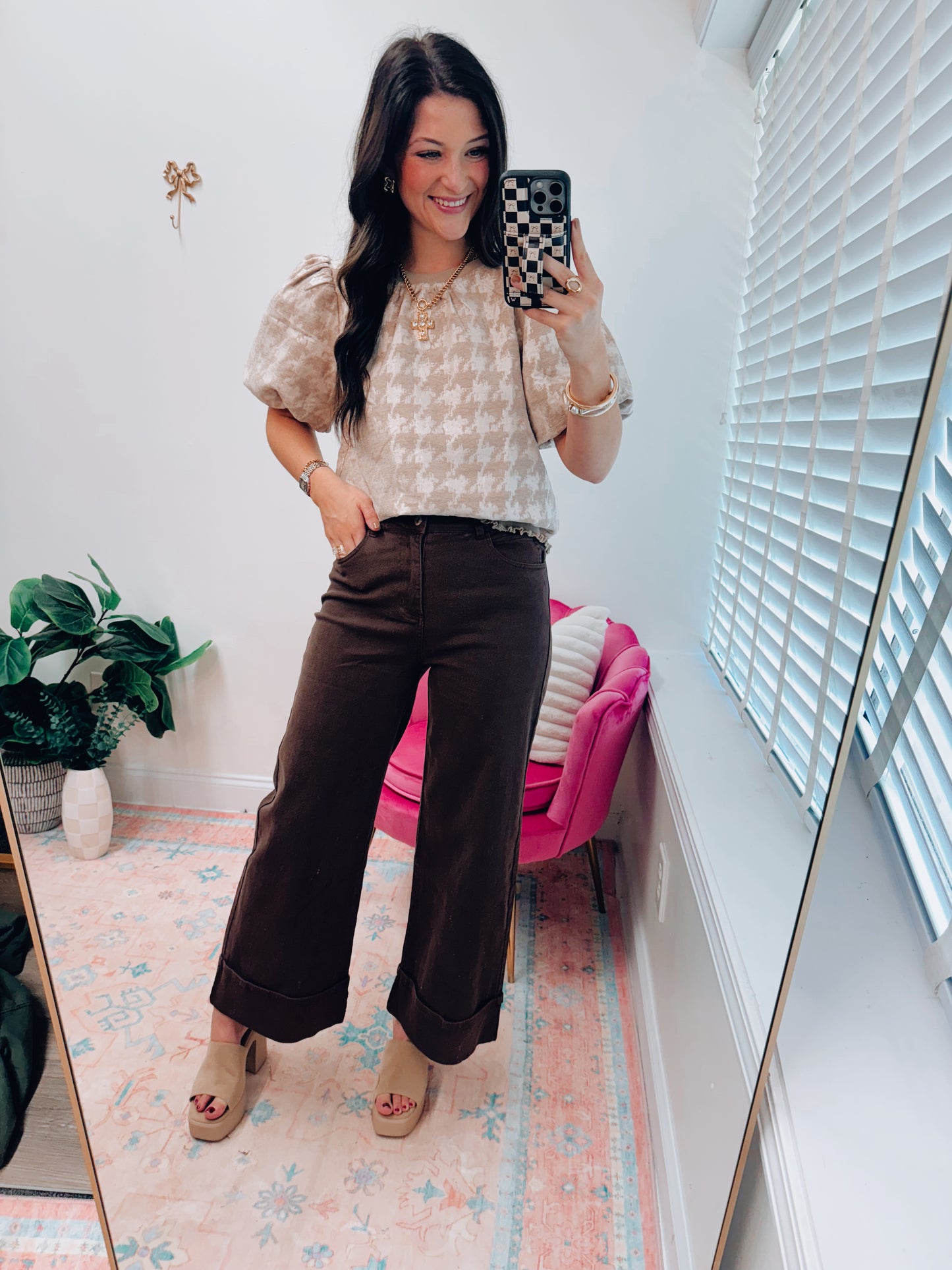 Houndstooth Velvet Puff Top