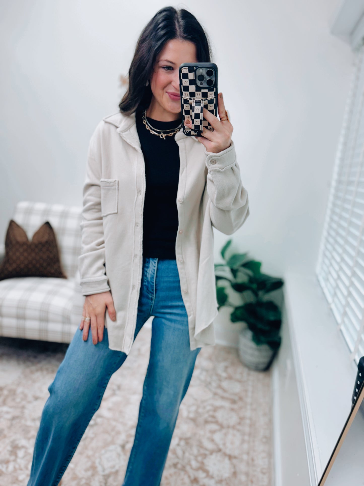 Raw Edge Cotton Button Down Shacket