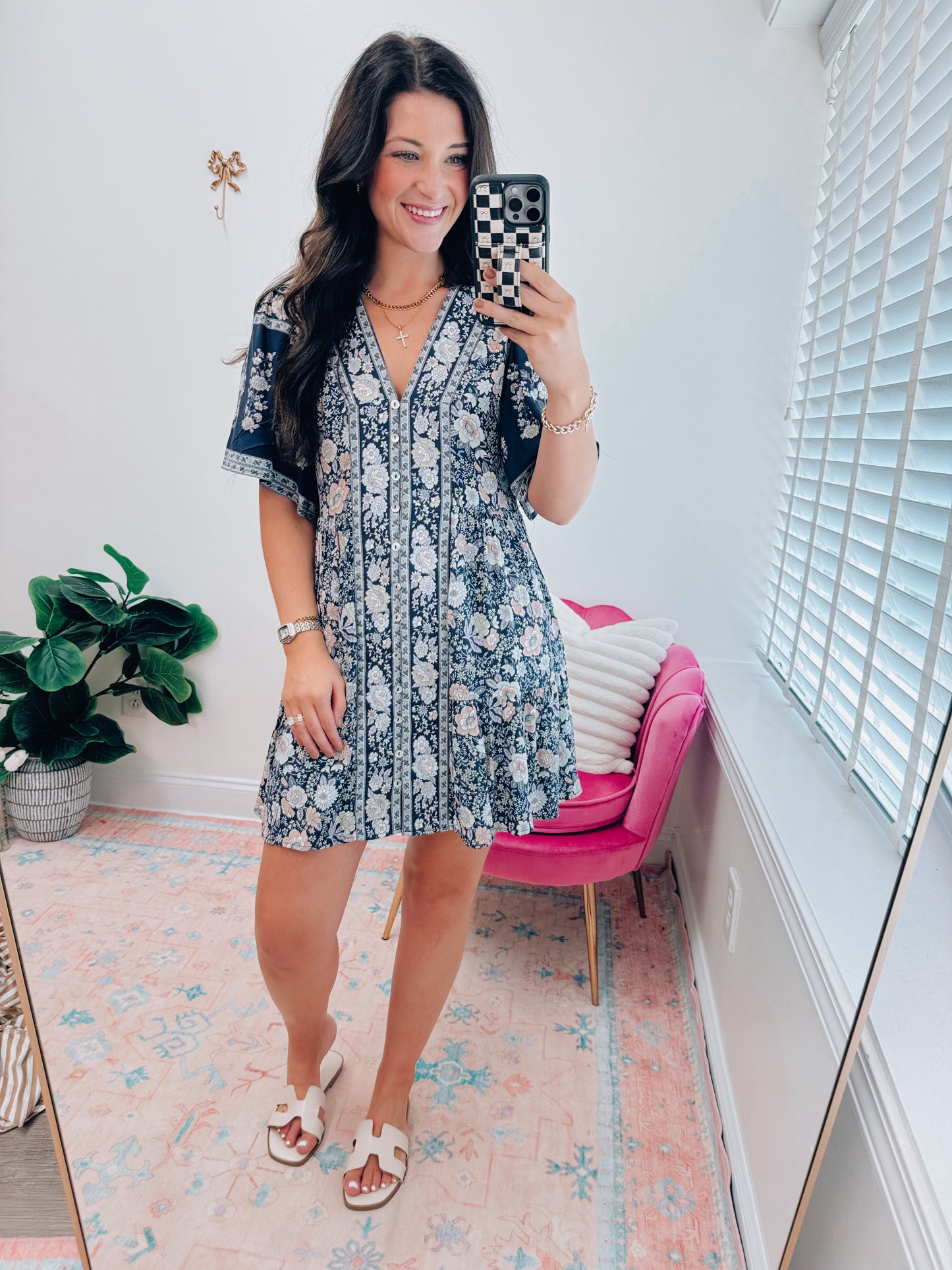 Shirring Printed Woven Mini Dress - Navy