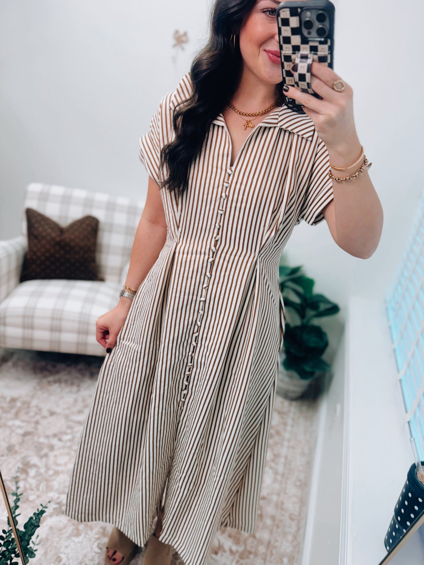 Tatum Striped Button Pleated Mini Dress