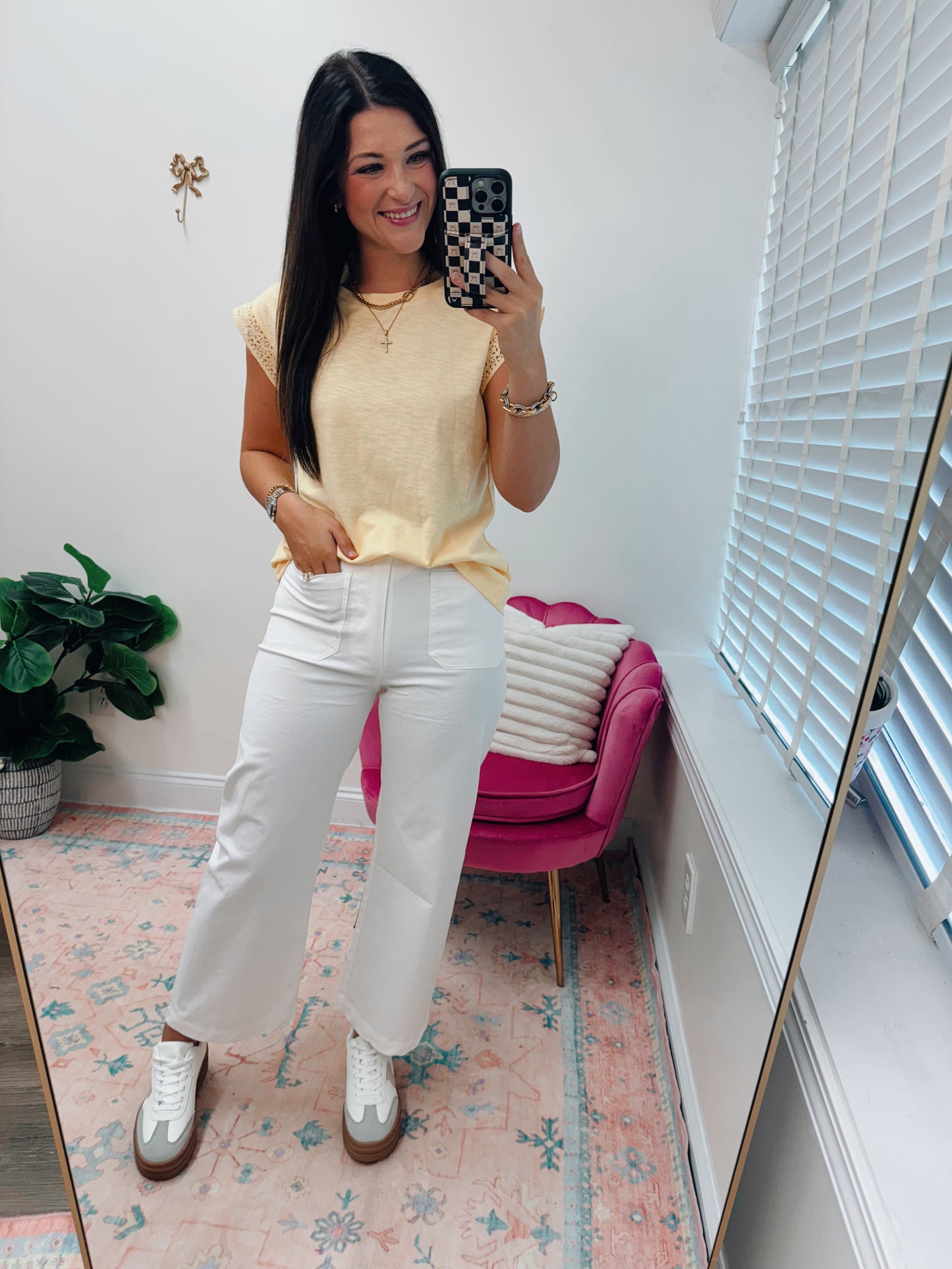 Creamy Yellow Eyelet Cuff Top