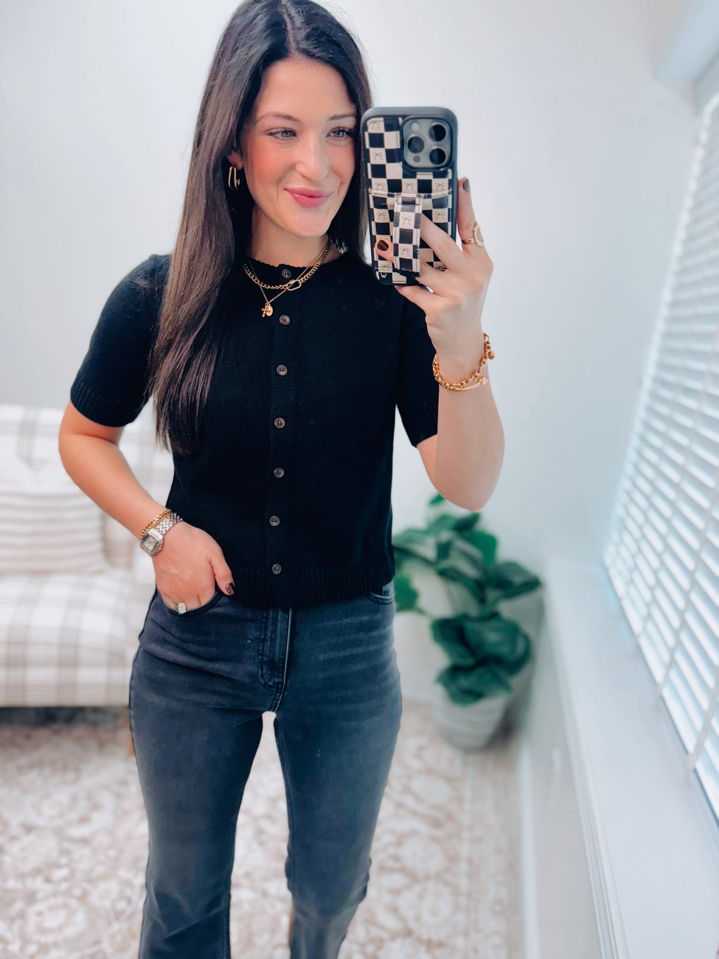 Nova Button Sweater Top - Black